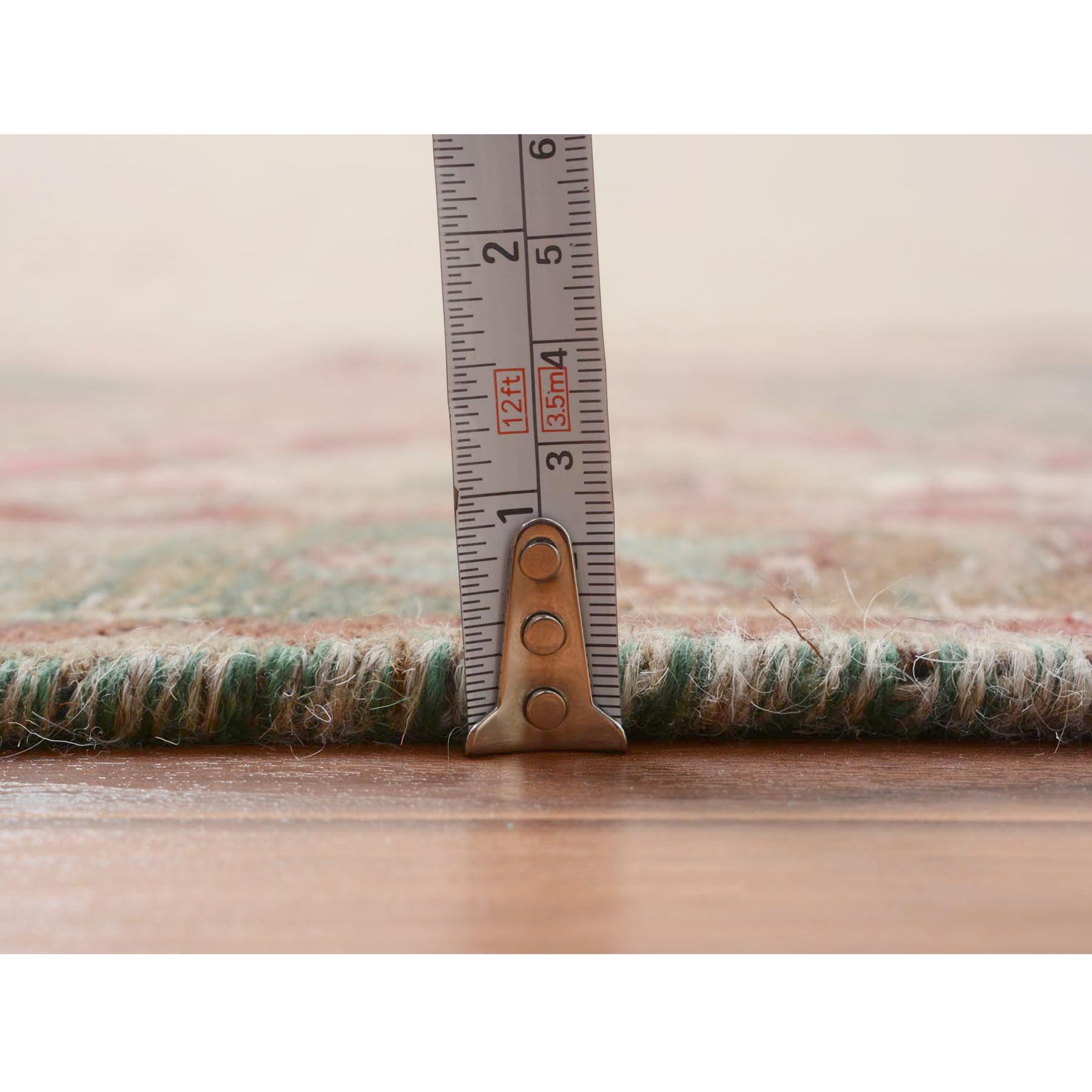 3'7"x12'3" Green Vintage and Worn Down Persian Heriz Distressed Hand Knotted Runner Pure Wool Oriental Rug Sh57646