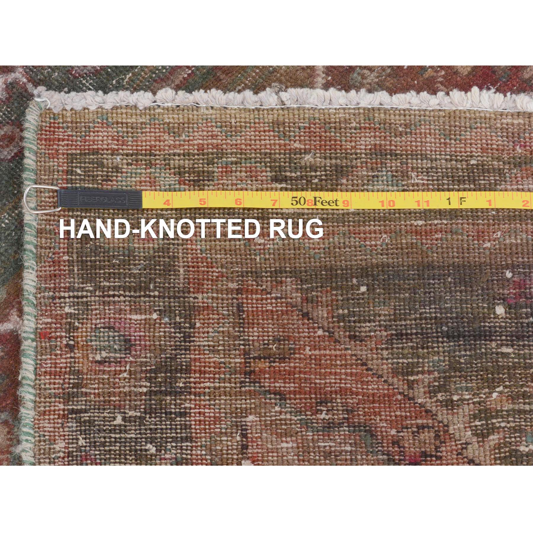 3'7"x12'3" Green Vintage and Worn Down Persian Heriz Distressed Hand Knotted Runner Pure Wool Oriental Rug Sh57646