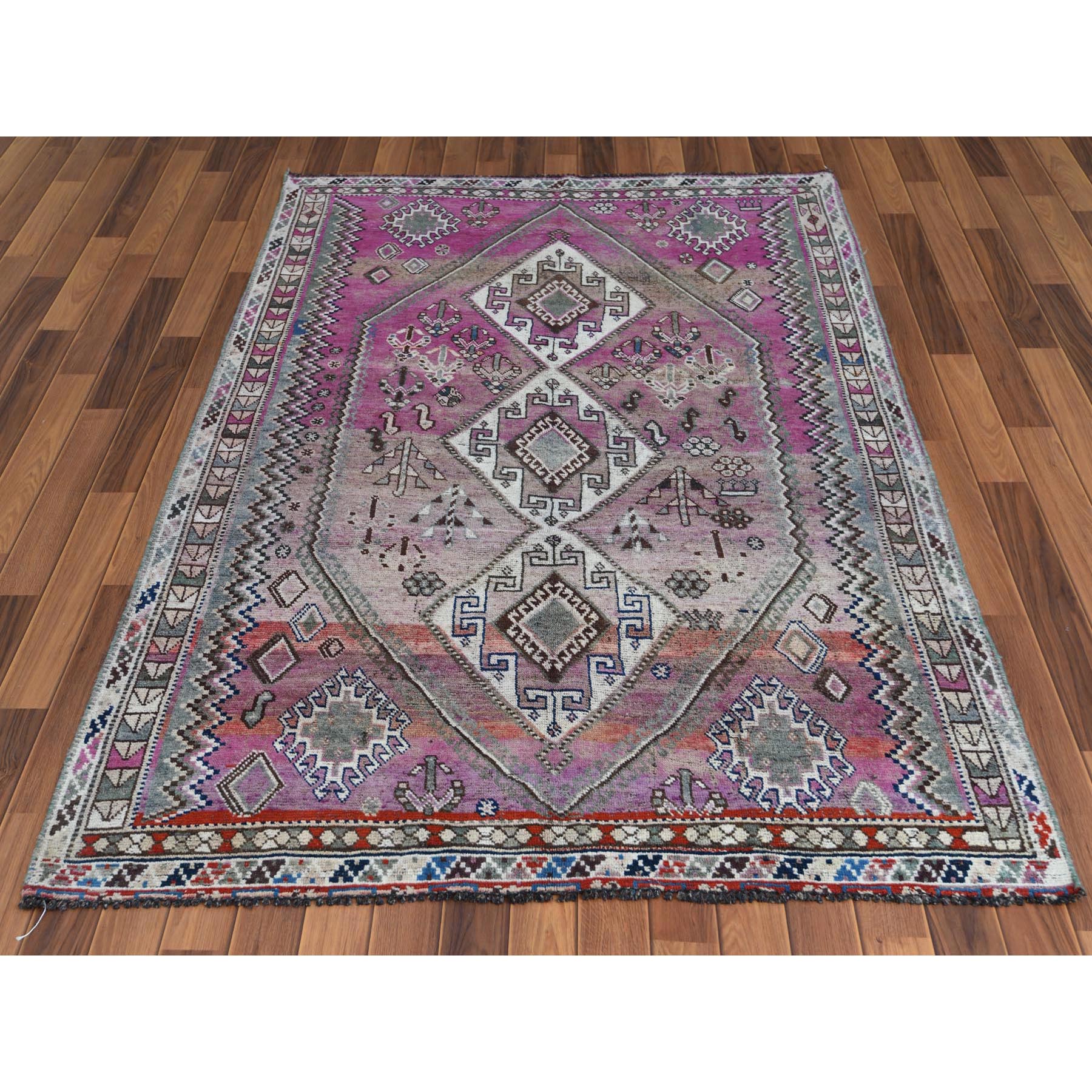 4'9"x7'2" Pink Hand Knotted Persian Shiraz Bohemian Cropped Thin Vintage Clean Organic Wool Oriental Rug Sh57837