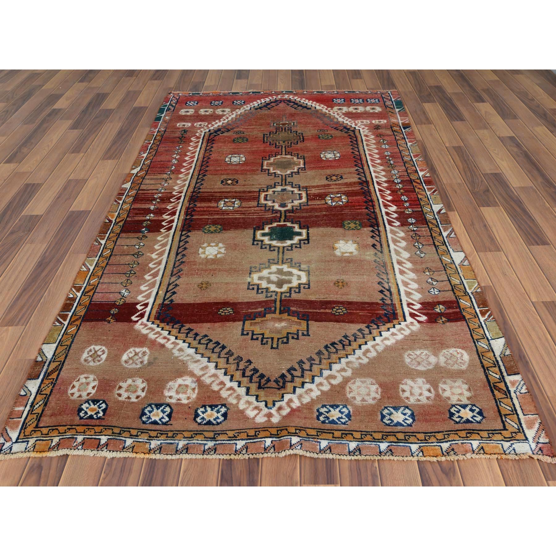 4'6"x7'8" Vintage Worn Down Tan Color Persian Qashqai Pure Wool Hand Knotted Bohemian Clean Oriental Rug Sh57856