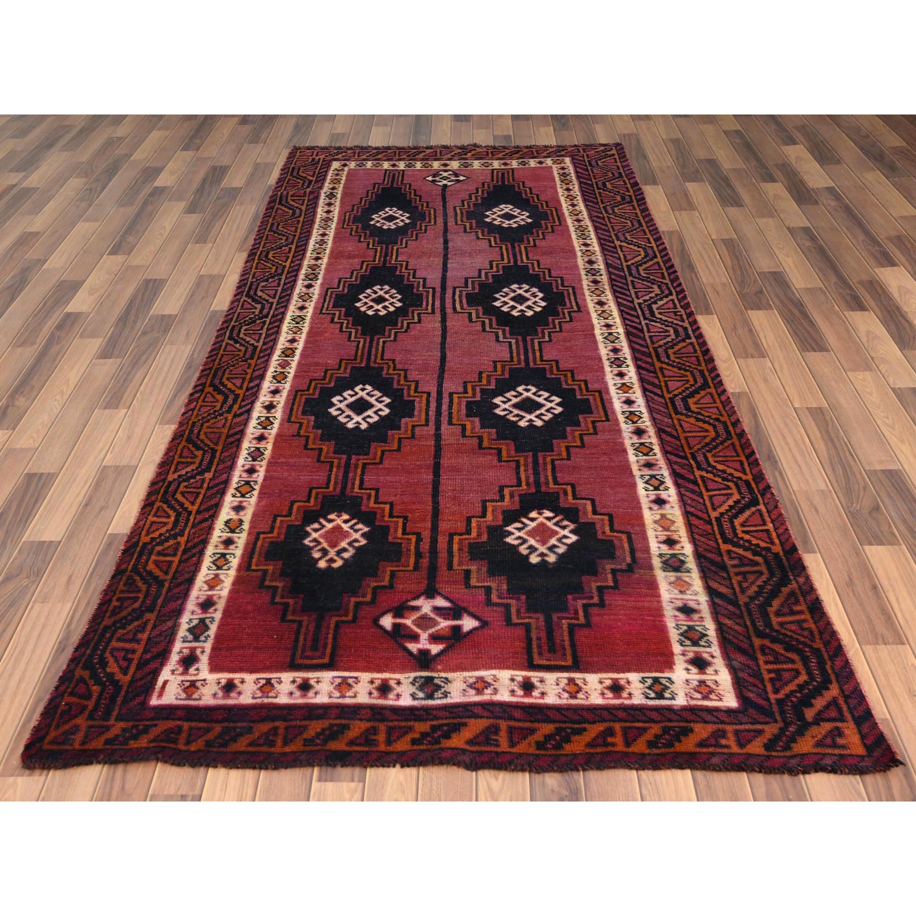 4'9"x10'5" Distressed Hand Knotted Red Persian Qashqai Worn Down Vintage Bohemian Natural Wool Clean Runner Oriental Rug Sh57864