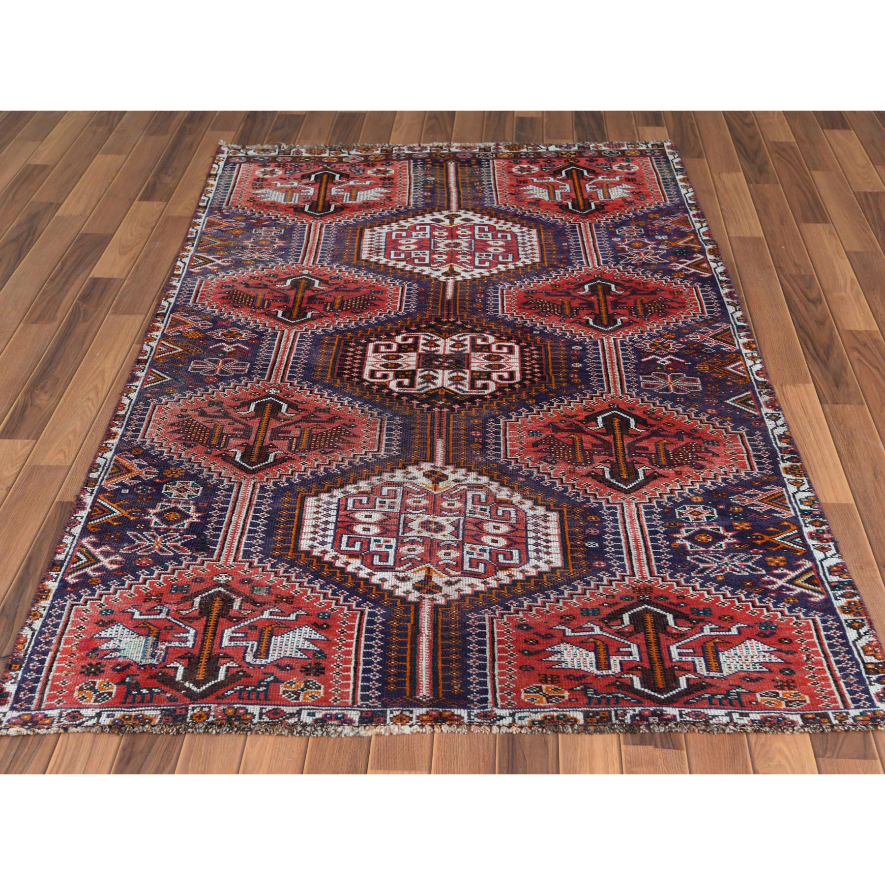 4'6"x7'2" Red Distressed Hand Knotted Persian Qashqai Vintage Worn Down Bohemian Clean Organic Wool Oriental Rug Sh57866