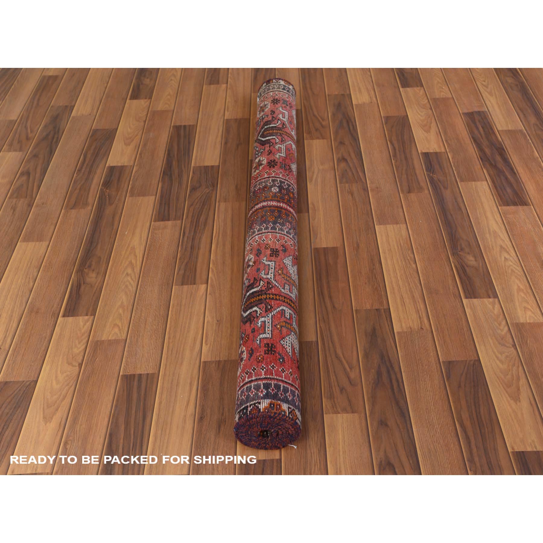4'6"x7'2" Red Distressed Hand Knotted Persian Qashqai Vintage Worn Down Bohemian Clean Organic Wool Oriental Rug Sh57866
