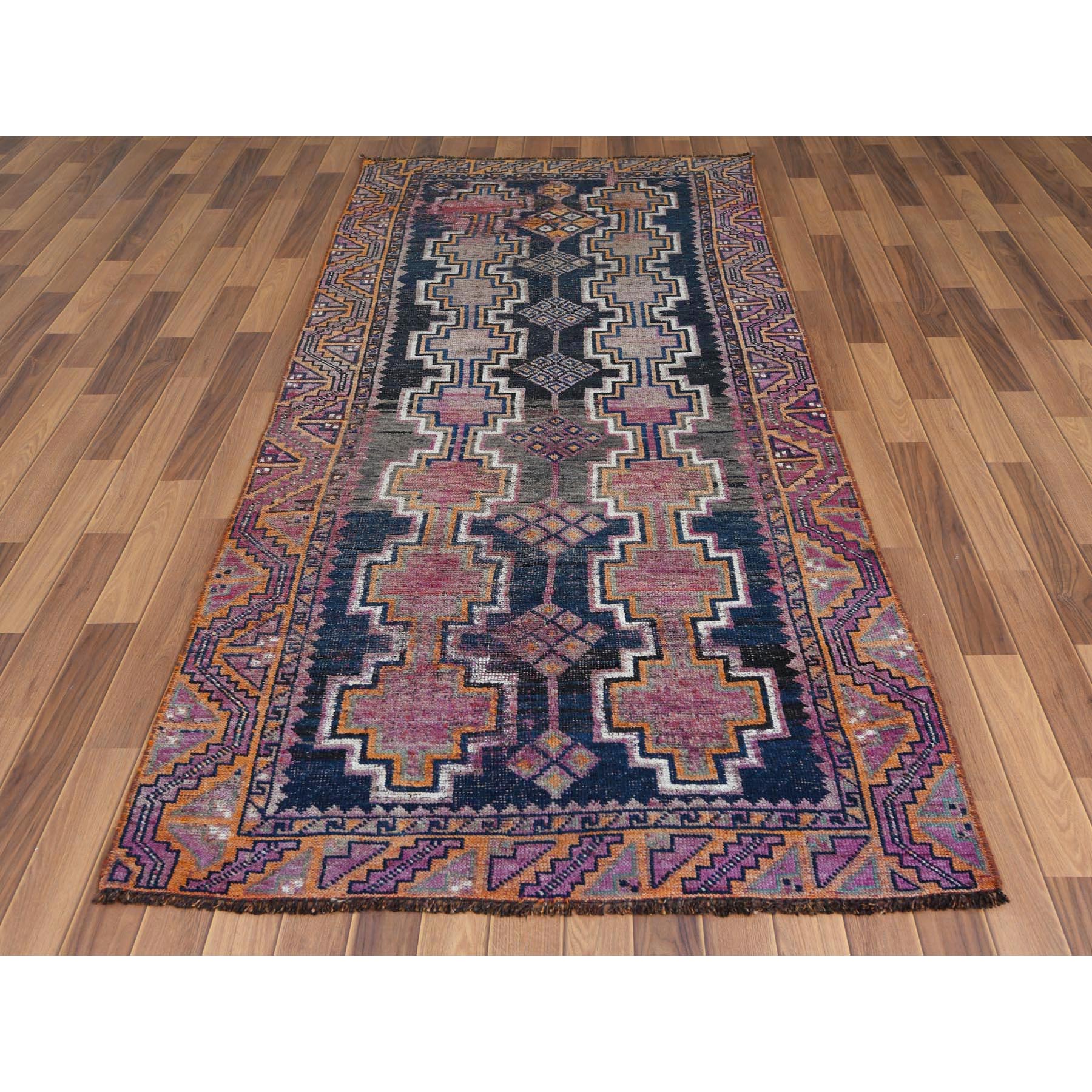 4'x9'3" Distressed Hand Knotted Navy Blue Persian Shiraz Vintage Worn Down Clean Pure Wool Bohemian Oriental Gallery Size Runner Rug Sh57887