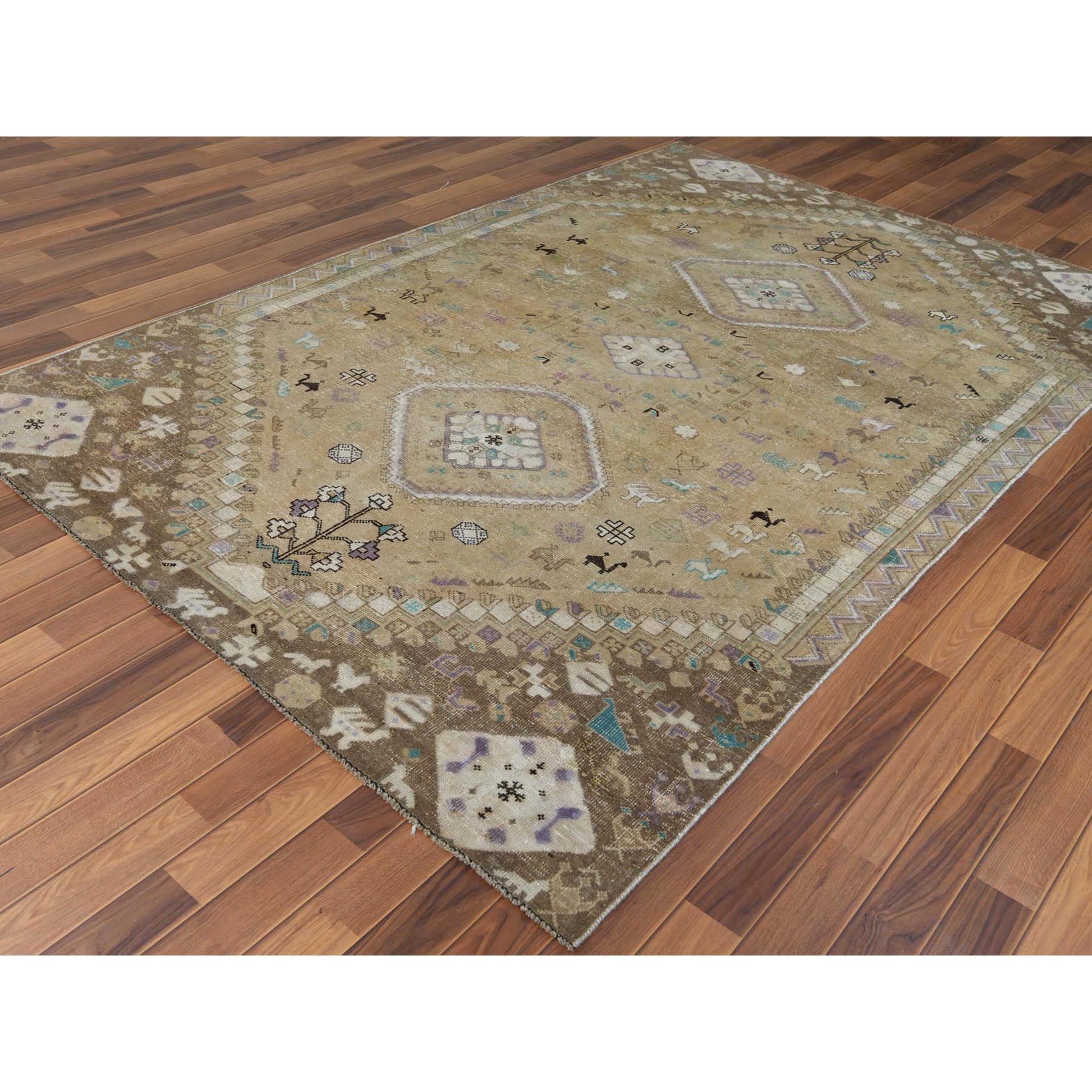 6'1"x9' Bohemian Persian Shiraz Pure Wool Beige Semi Antique Distressed Hand Knotted Clean Oriental Rug Sh57923