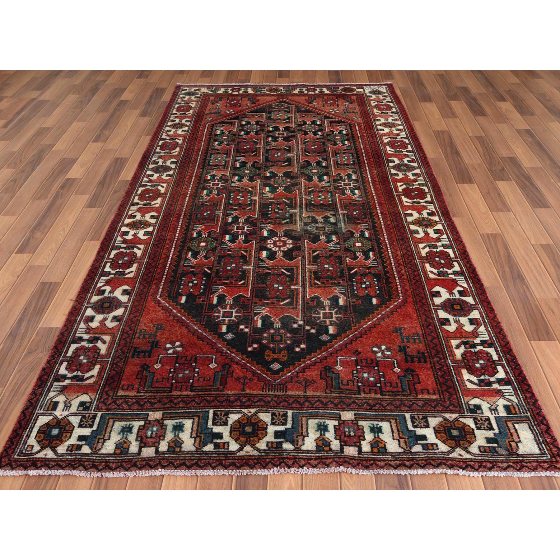 5'x9'10" Semi Antique Hand Knotted Red Persian Hamadan Sheared Low Clean Organic Wool Shabby Chic Gallery Size Runner Oriental Rug Sh57980