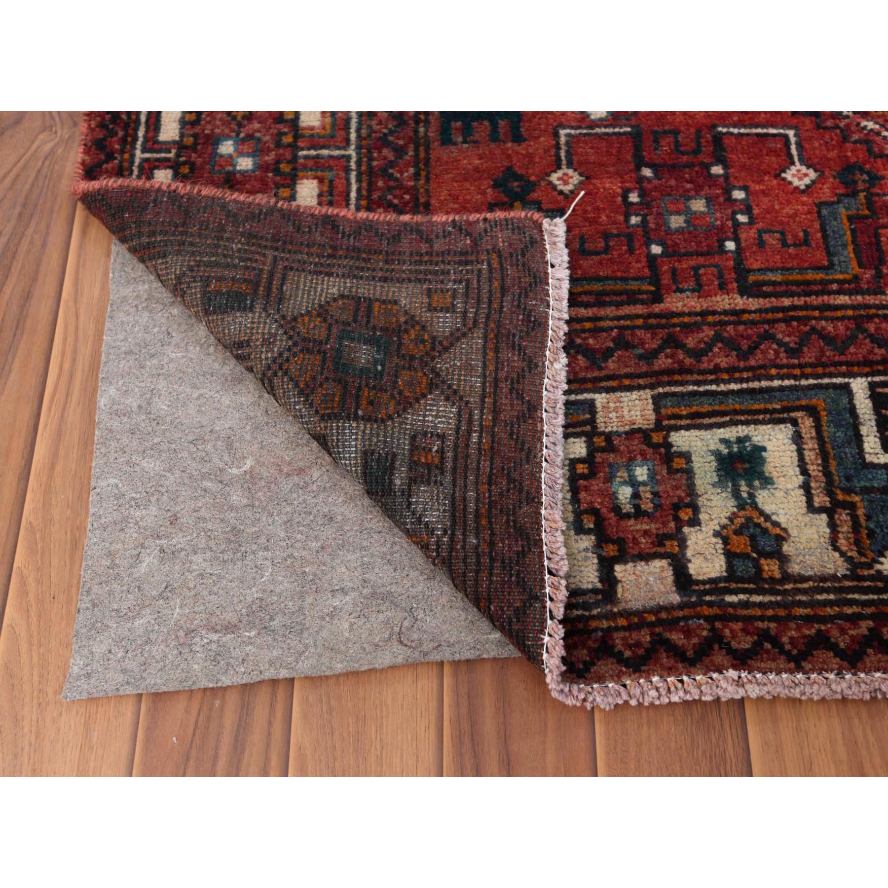 5'x9'10" Semi Antique Hand Knotted Red Persian Hamadan Sheared Low Clean Organic Wool Shabby Chic Gallery Size Runner Oriental Rug Sh57980