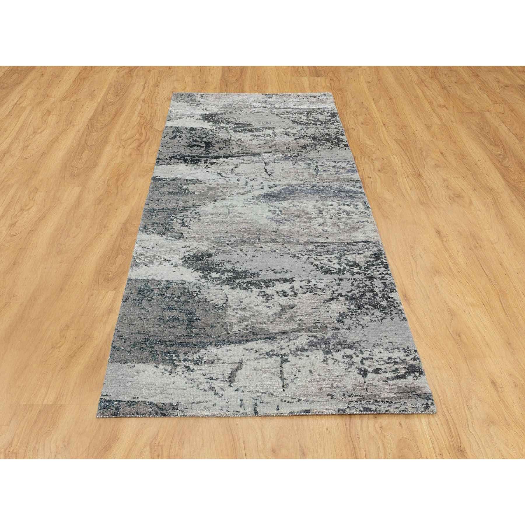2'8"x7'8" Gray Abstract Design Wool And Silk Runner Hand Knotted Oriental Rug Sh58458