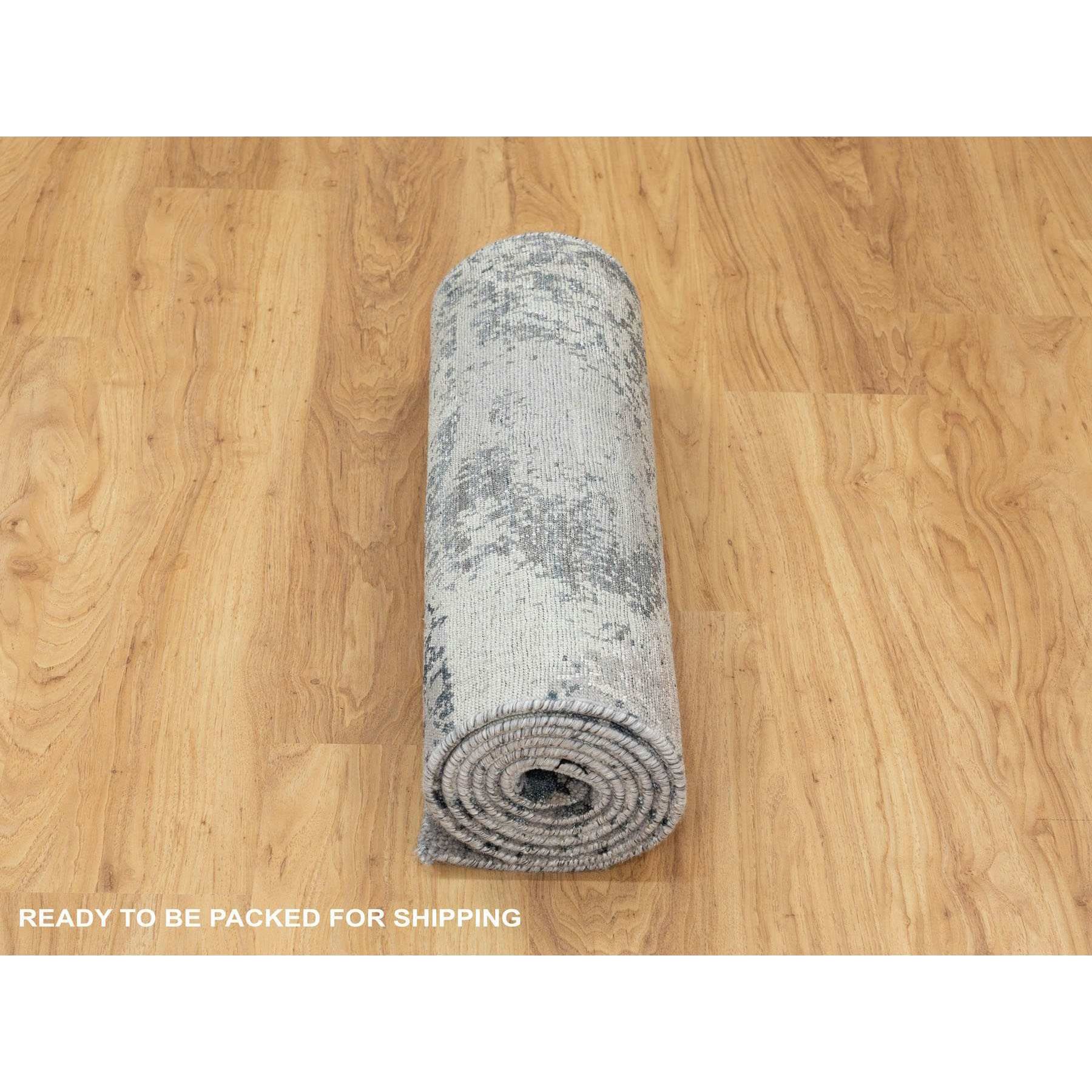 2'8"x7'8" Gray Abstract Design Wool And Silk Runner Hand Knotted Oriental Rug Sh58458