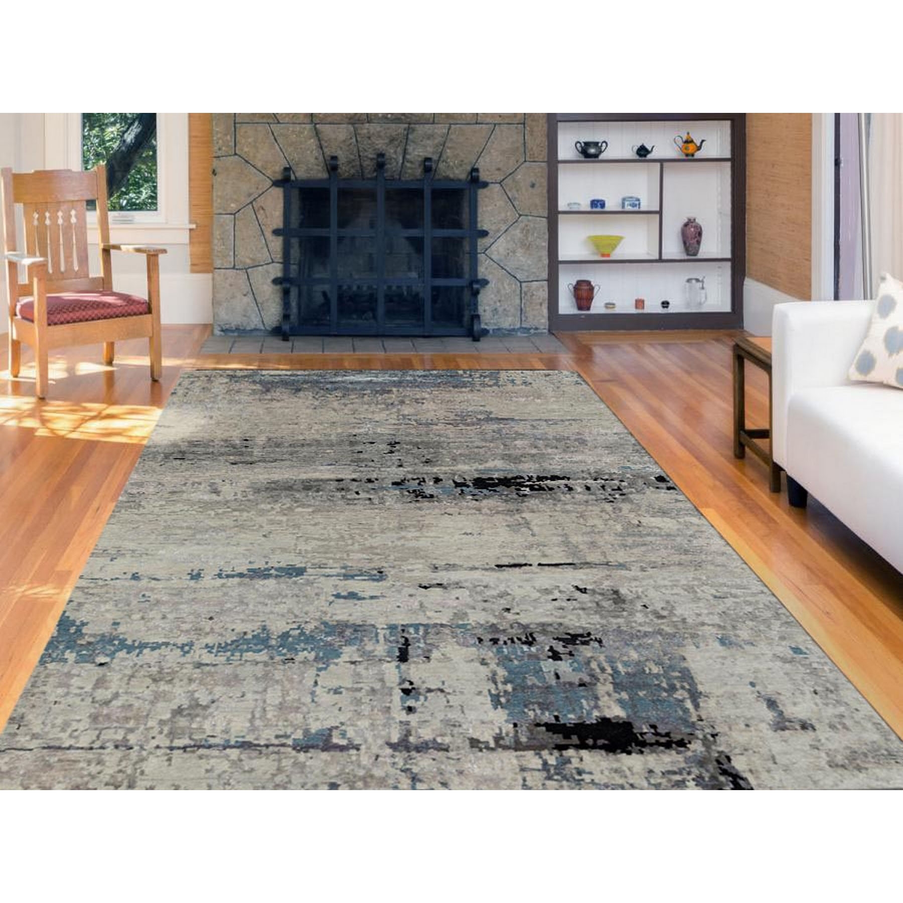 6'3"x8'10" Abstract Design Modern Silver- Blue Hand Knotted Wool & Silk Hi-Low Pile Oriental Rug Sh58481