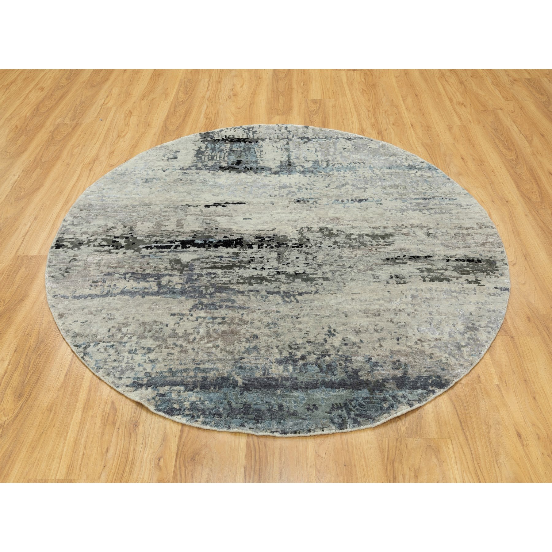 6'x6' Round Silver, Blue Wool & Silk Abstract Design Hand Knotted Hi-Low Pile Oriental Rug Sh58509