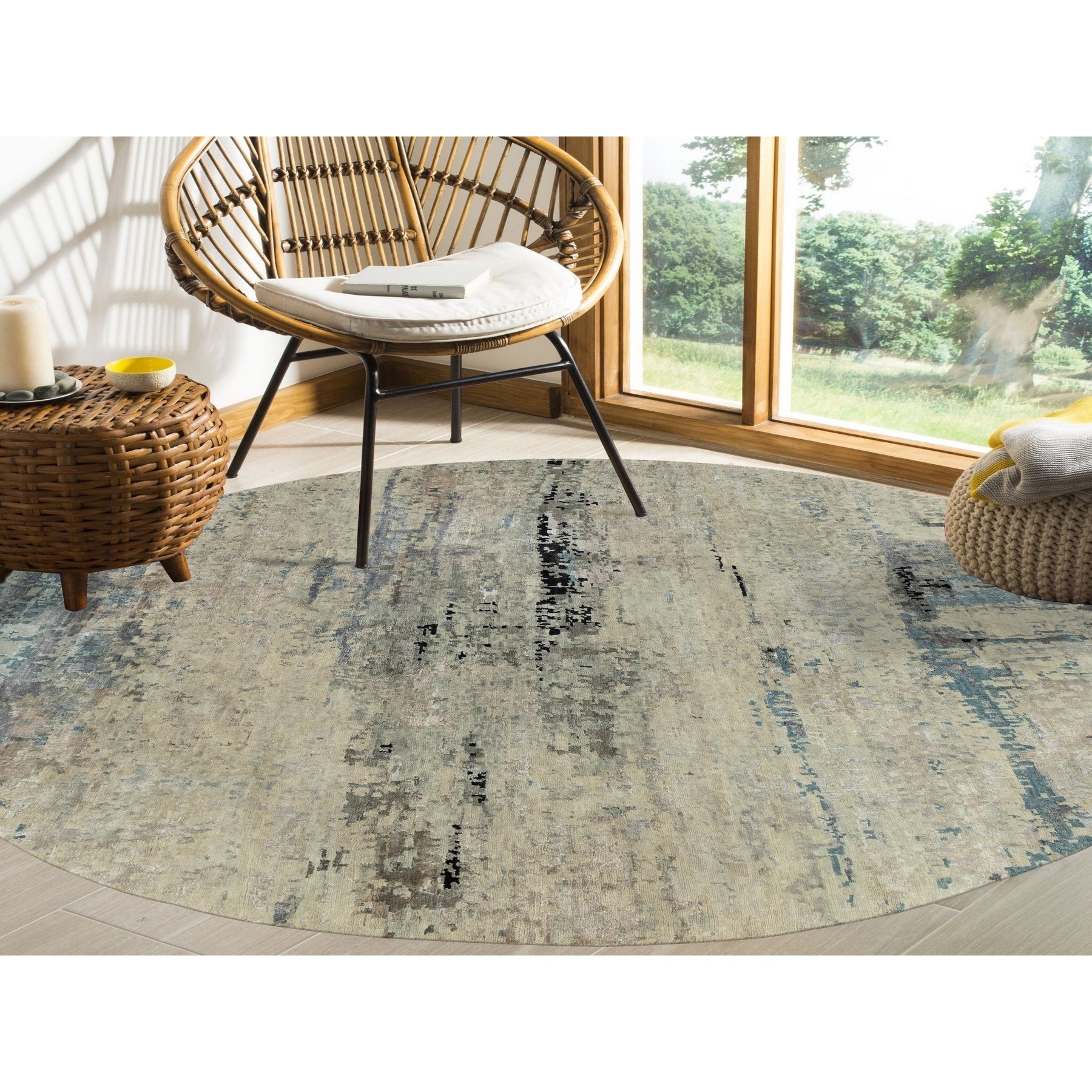 8'x8' Abstract Design Silver-Blue Modern Hand Knotted Wool & Silk Oriental Round Rug Sh58510