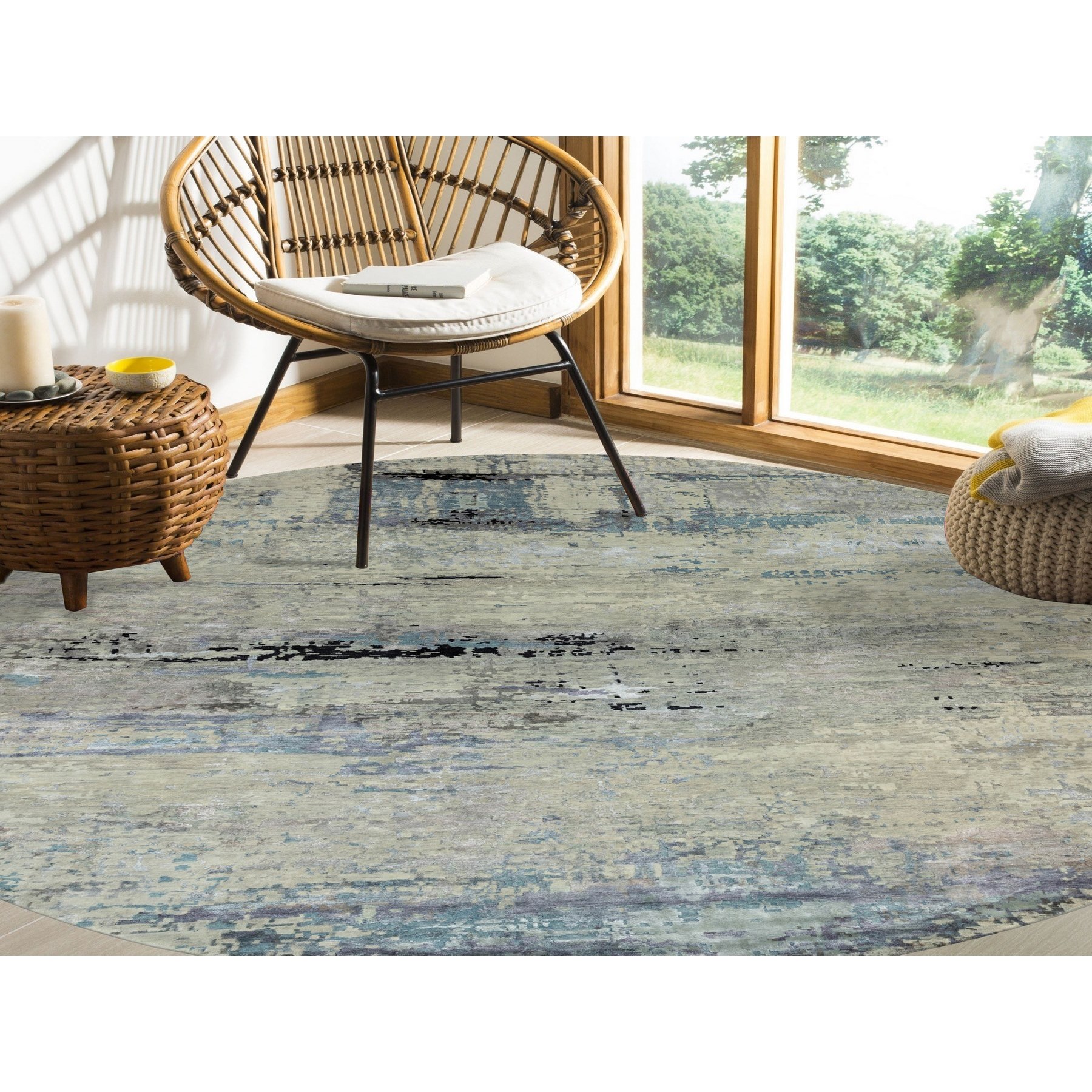 12'x12' Round Abstract Design Modern Silver-Blue Hand Knotted Wool & Silk Hi-Low Pile Oriental Rug Sh58515