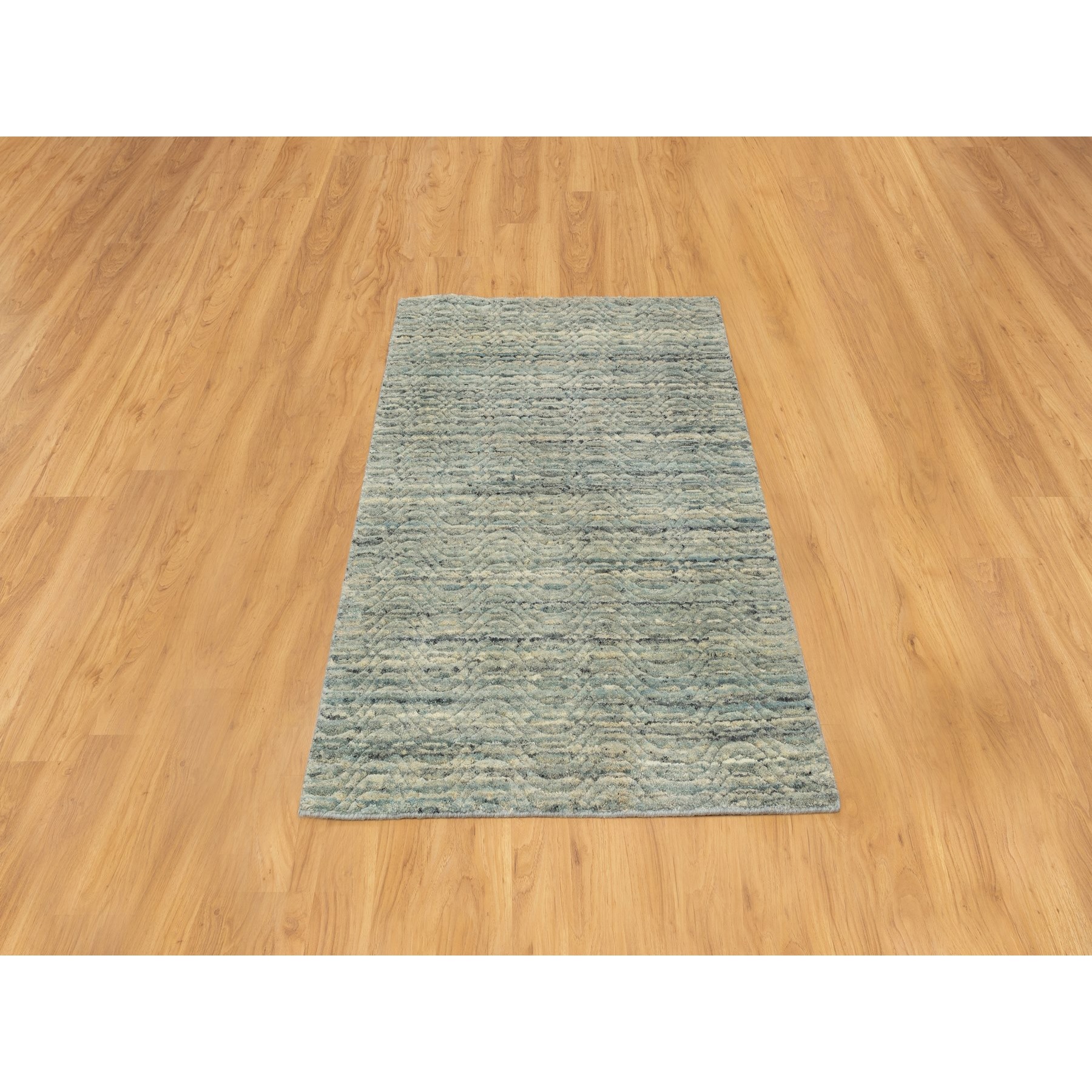 3'x5' Seafoam Green Hand Loomed Variegated Textured Design Organic Wool Transitional Oriental Rug Sh58618