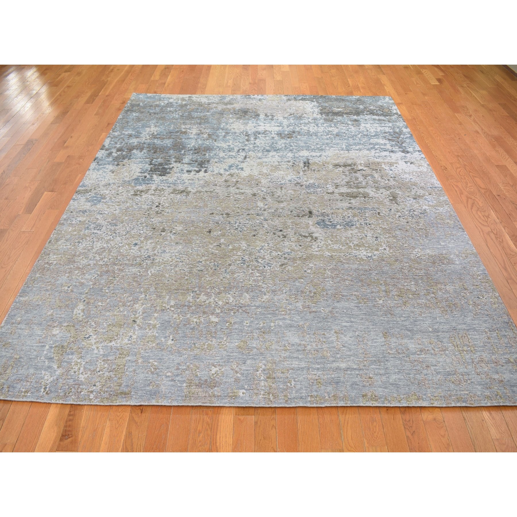 8'x9'10" Gray Abstract Design Wool And Silk Denser Weave Hand Knotted Oriental Rug Sh59042