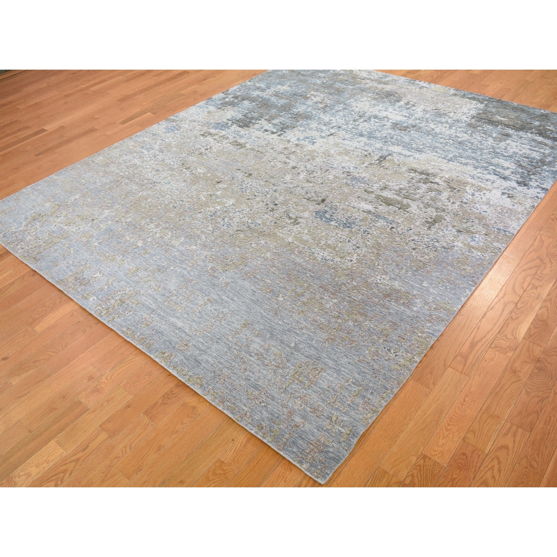 8'x9'10" Gray Abstract Design Wool And Silk Denser Weave Hand Knotted Oriental Rug Sh59042