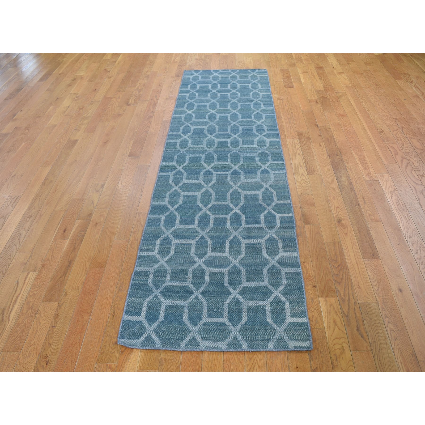 2'7"x9'8" Aegean Blue Hand Woven Flat Weave Pure Wool Reversible Kilim Runner Oriental Rug Sh59118