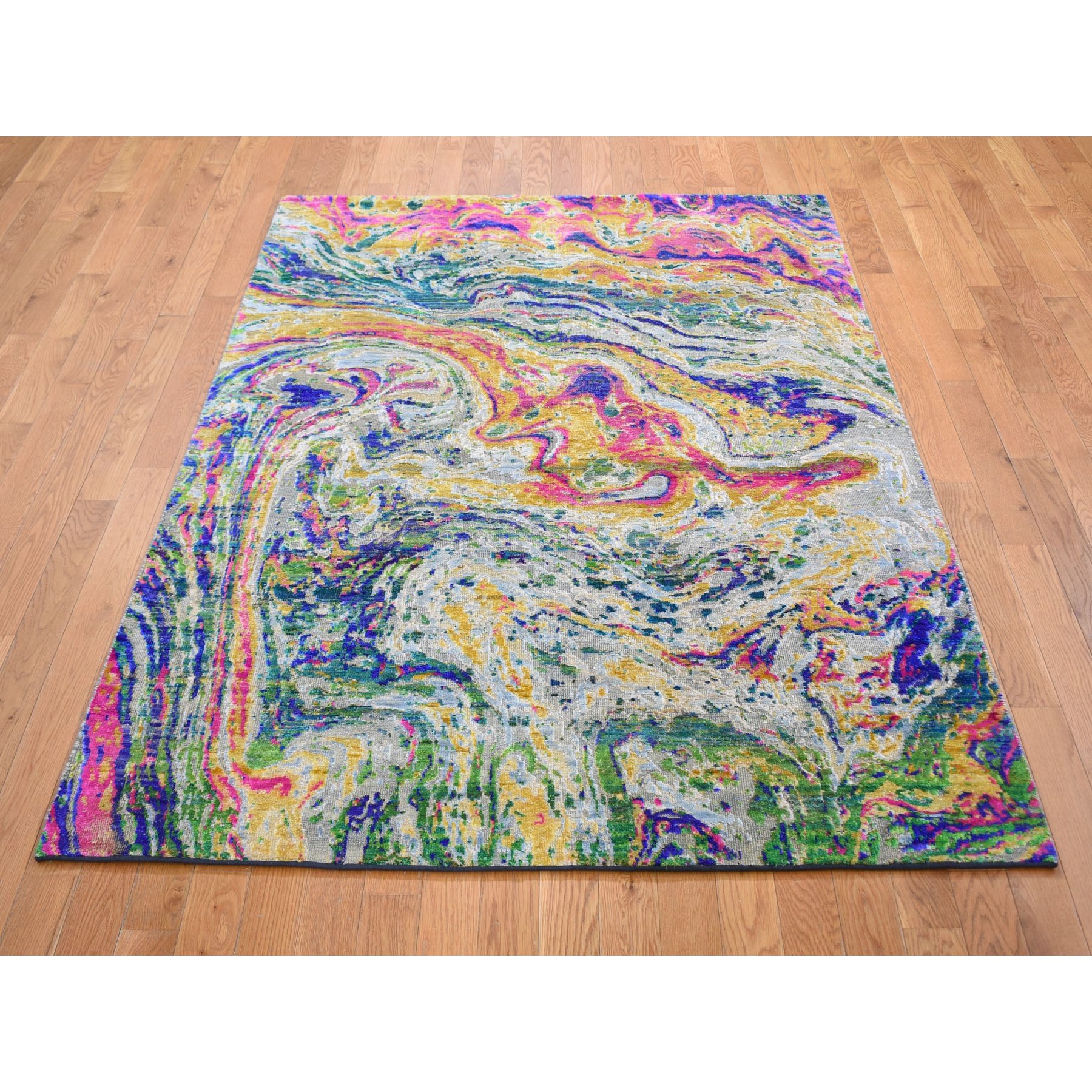 4'9"x6'7" THE LAVA, Colorful Sari Silk With Textured Wool Hand Knotted Oriental Rug Sh59151