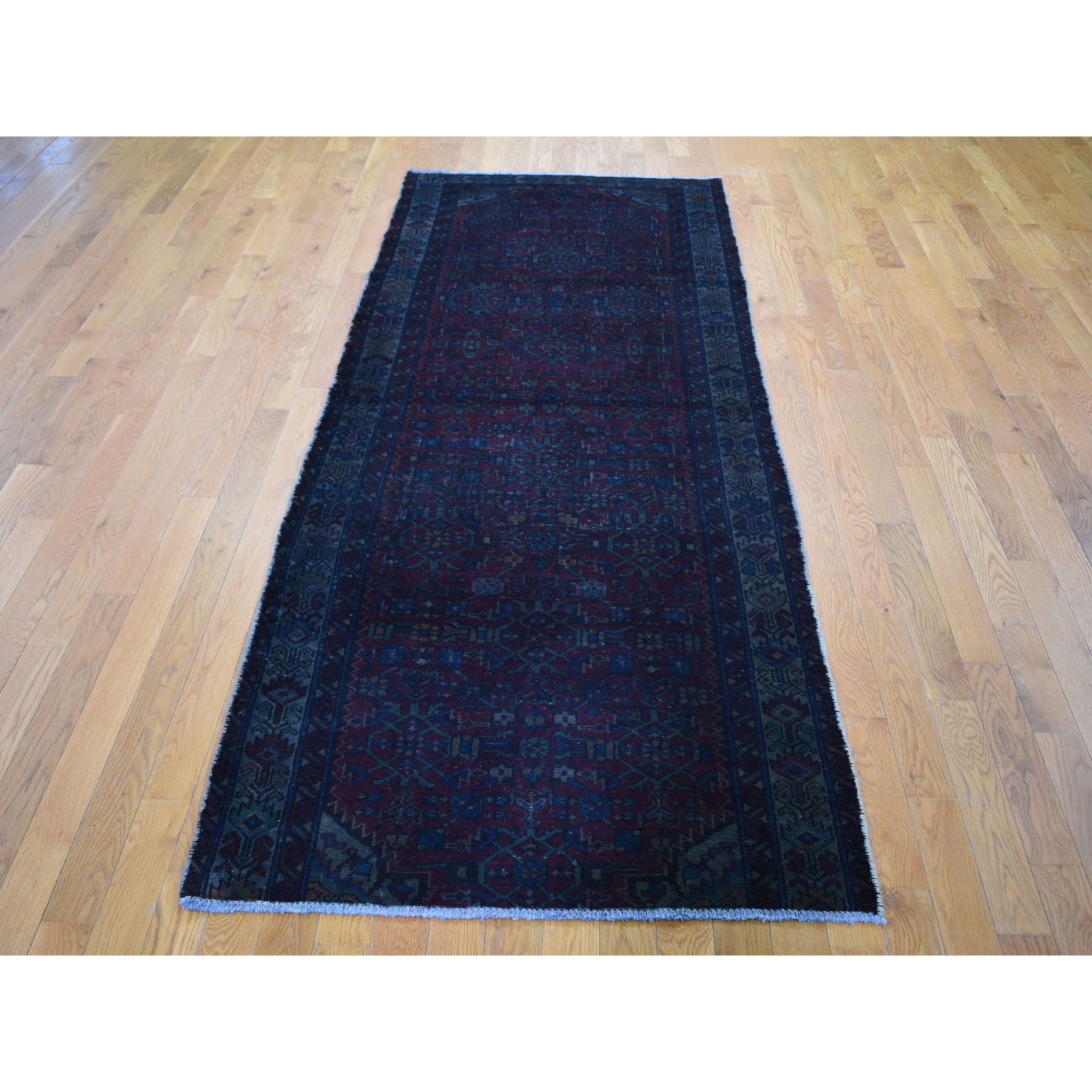 3'6"x9'1" Overdyed Persian Malayer Wide Runner Worn Wool Hand Knotted Oriental Rug Sh59210