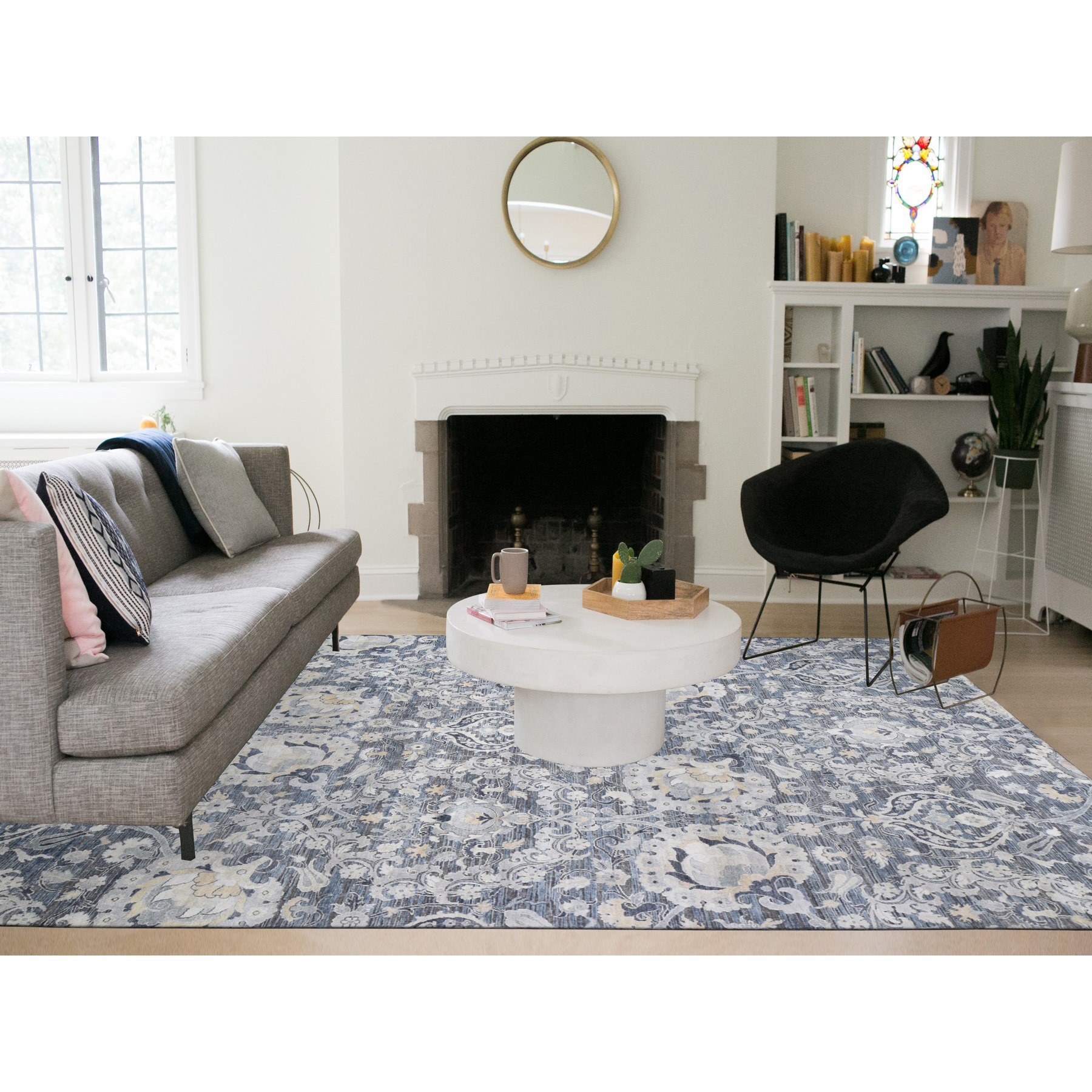 8'10"x12'2" Gray Tulip And Large Blossom Design Pure Silk With Textured Wool Hand Knotted Oriental Rug Sh59222