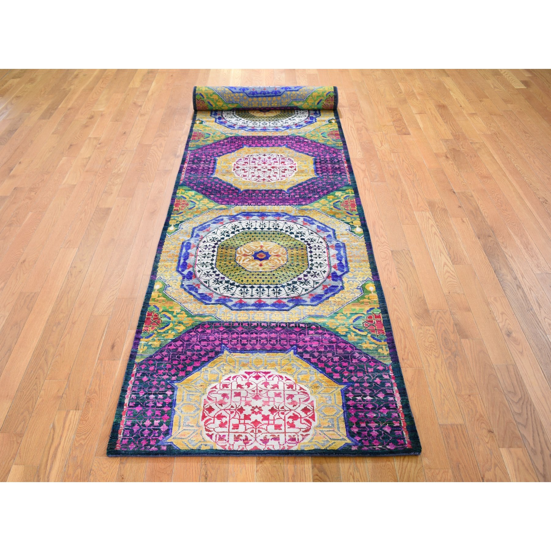 3'2"x17'5" Sari Silk with Textured Wool Mamluk Design XL Runner Oriental Rug Sh59235