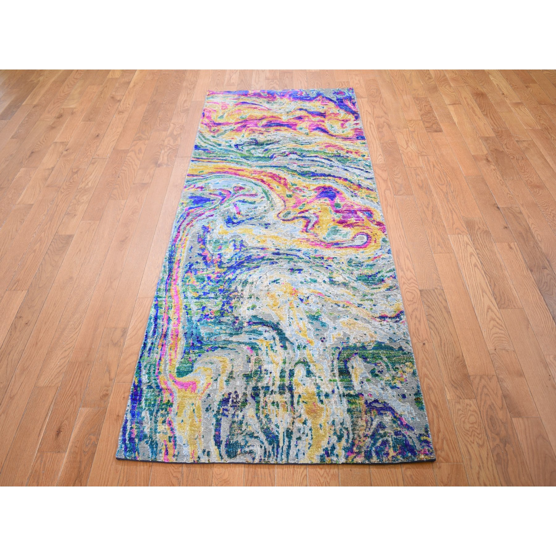 2'10"x8'2" Colorful Sari Silk With Textured Wool The Lava Design Runner Hand Knotted Oriental Rug Sh59239