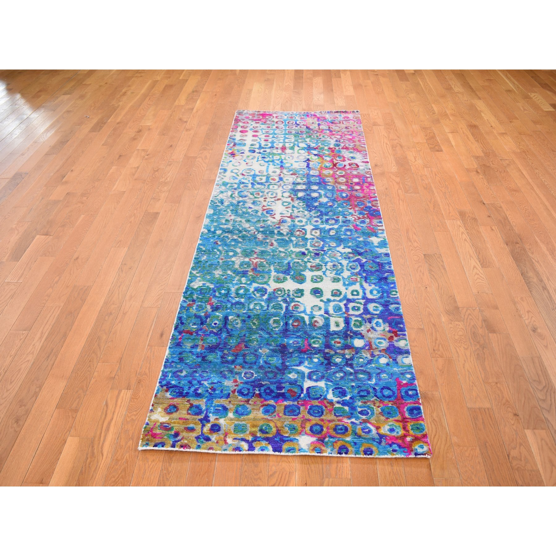 3'x10'1" THE PEACOCK, Sari Silk Colorful Runner Hand Knotted Oriental Rug Sh59241