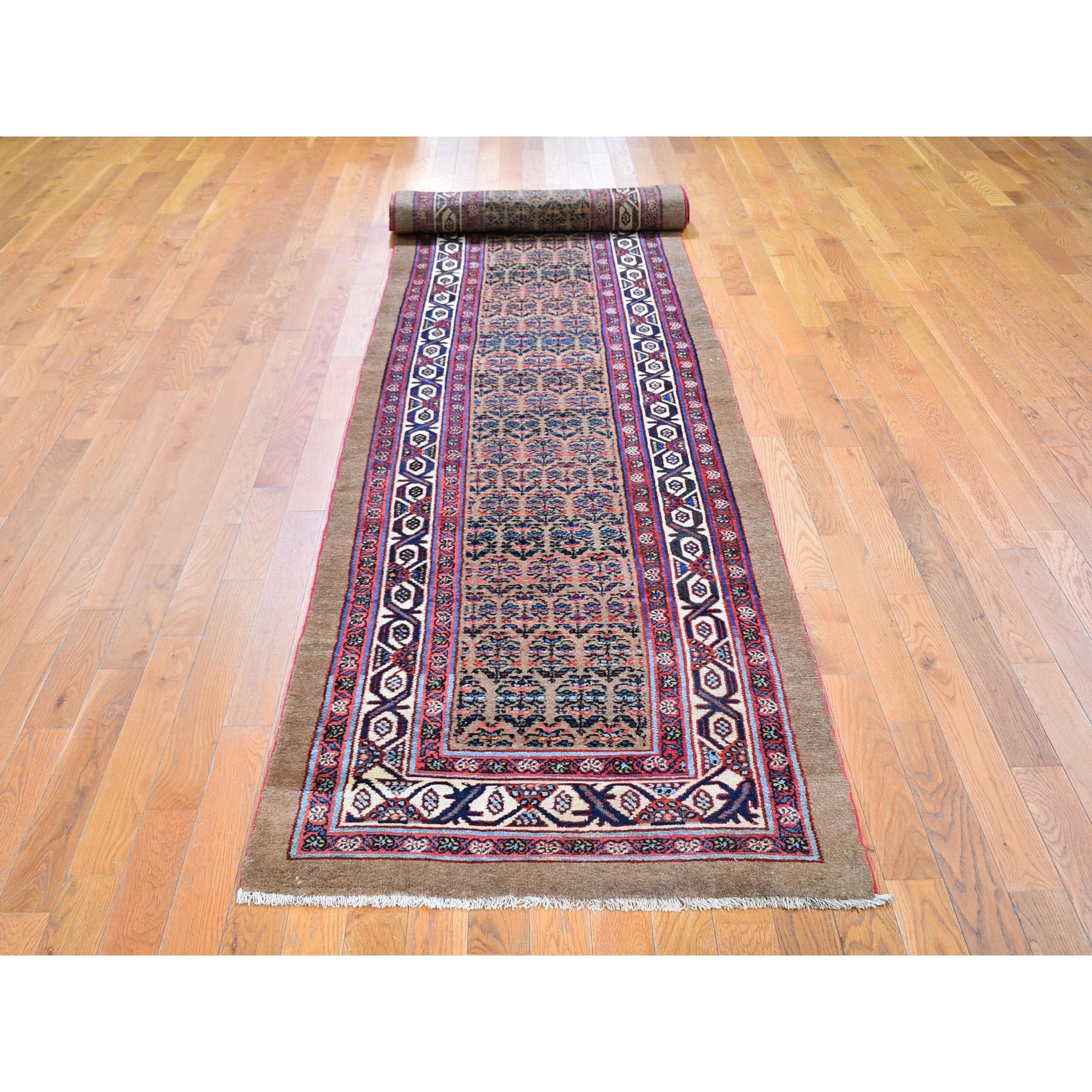 3'x18' Brown Antique Persian Serab Camel Hair Full Pile Excellent Condition All Over Geometric Flower Design Hand Knotted Pure Wool XL Runner Oriental Rug Sh59574