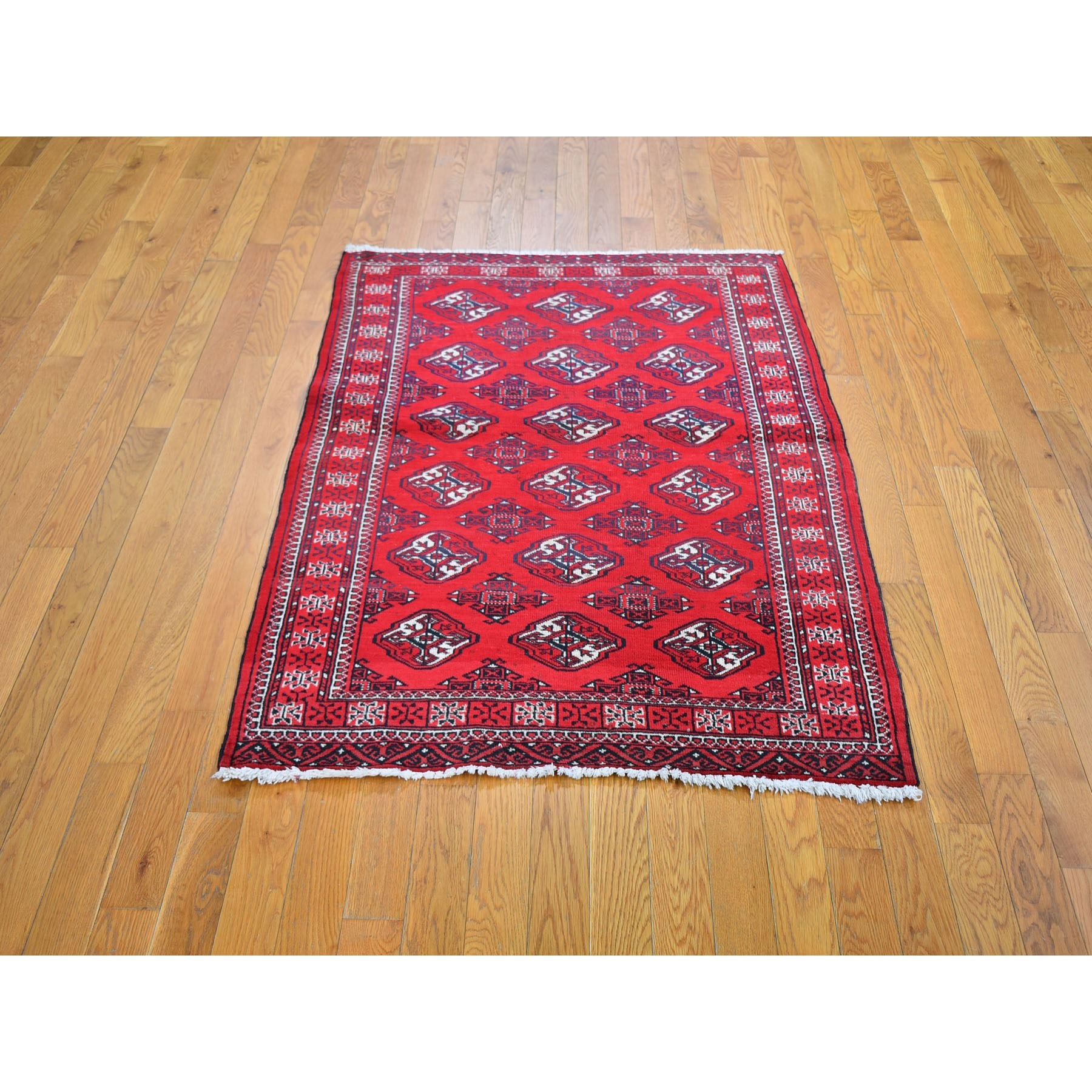 3'6"x5' Red Vintage Turkoman Bokara Pure Wool Good Condition Hand Knotted Oriental Rug Sh59669