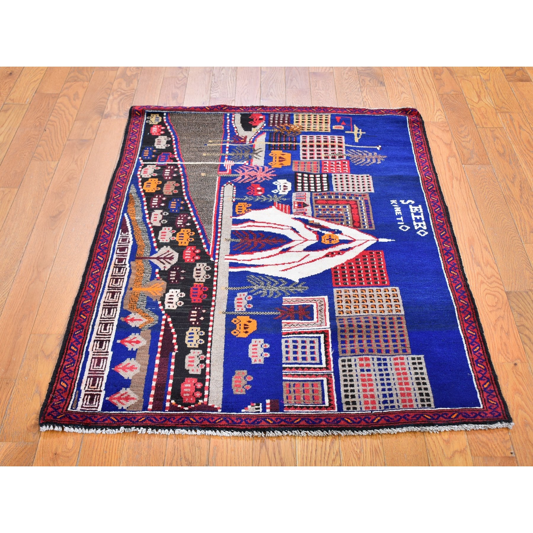 3'x4'10" Pictorial Afghan Baluch with Cars and Buildings Natural Wool Hand Knotted Oriental Rug Sh59712