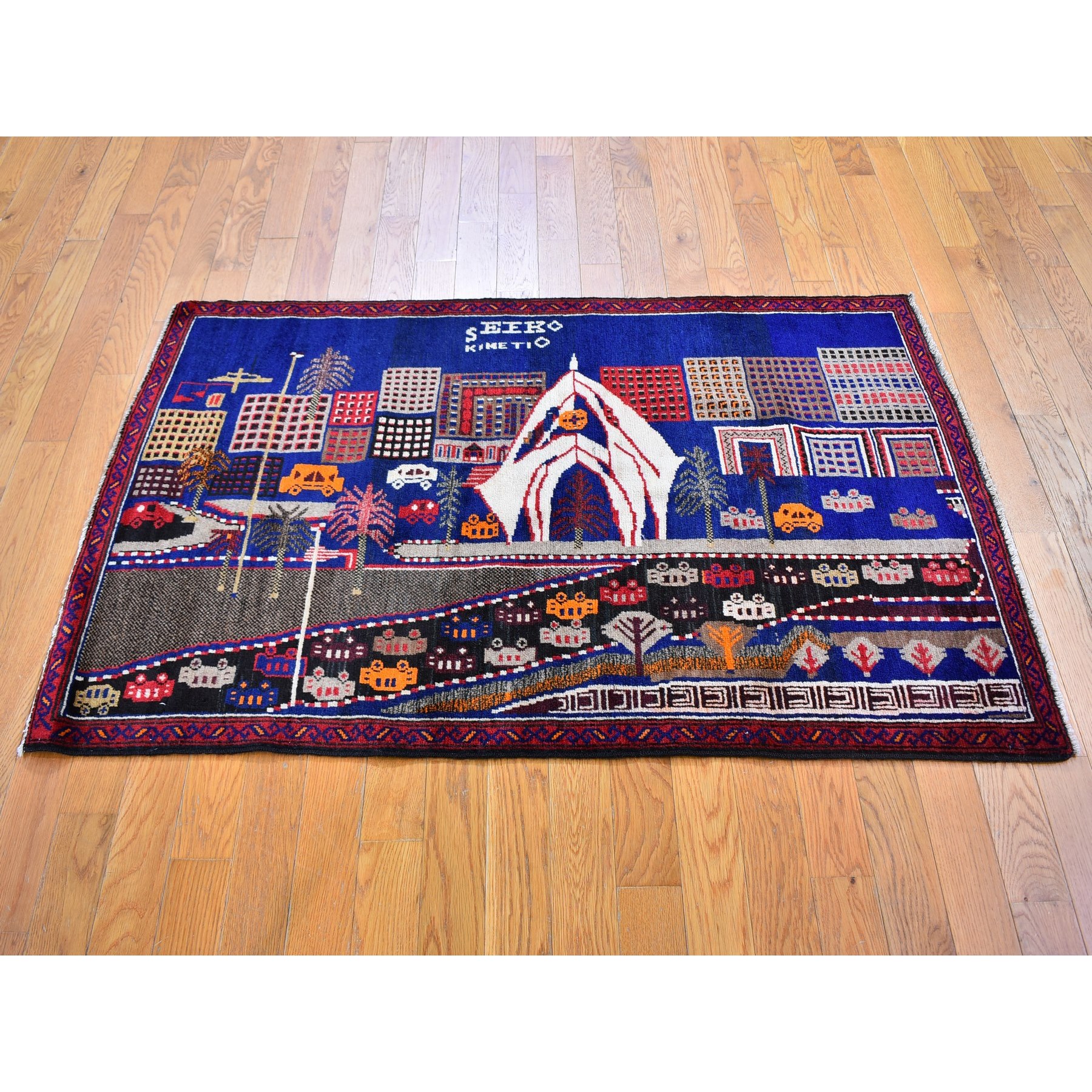 3'x4'10" Pictorial Afghan Baluch with Cars and Buildings Natural Wool Hand Knotted Oriental Rug Sh59712