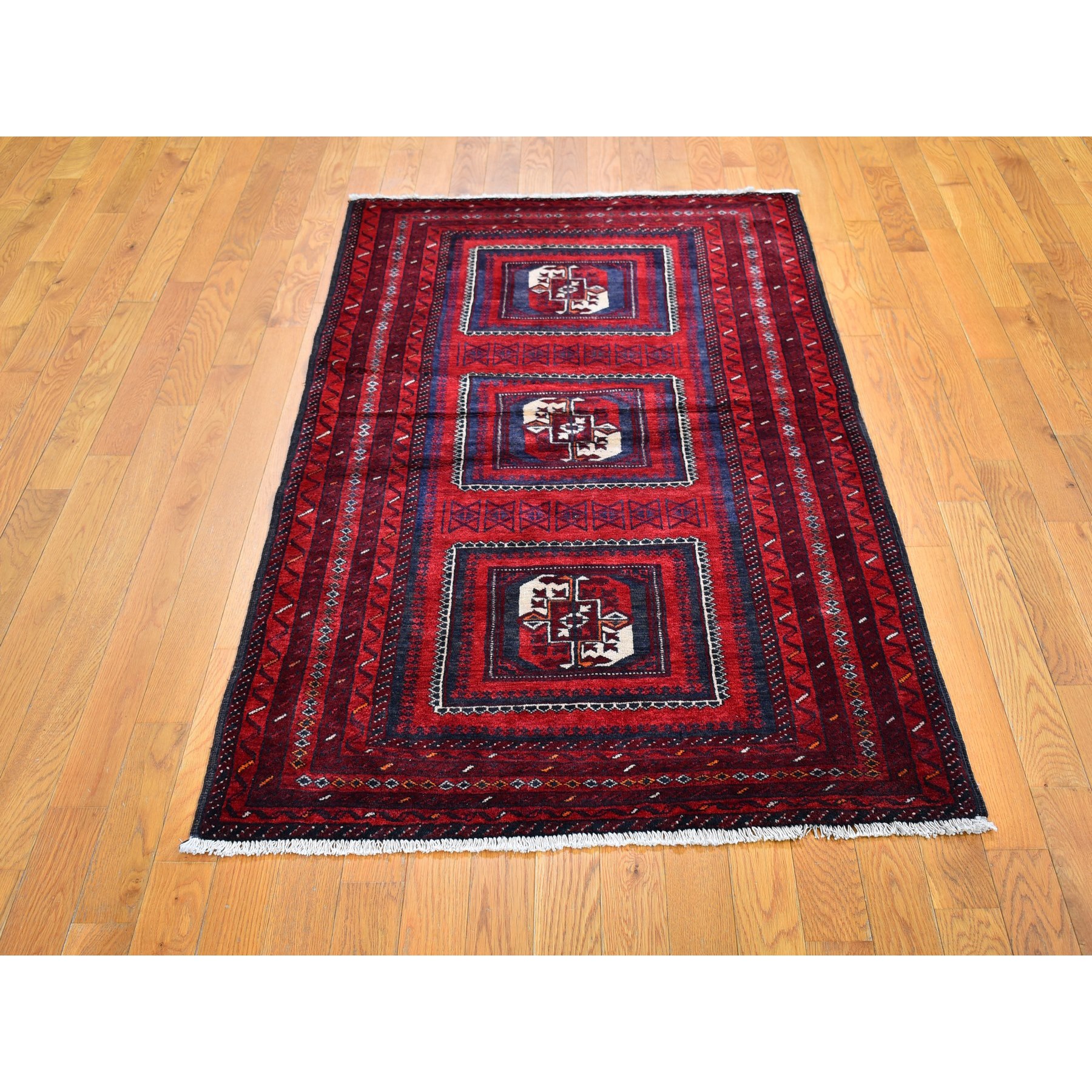 3'5"x6'1" Vintage Persian Baluch with Bashir Design Red Organic Wool Hand Knotted Oriental Rug Sh59885