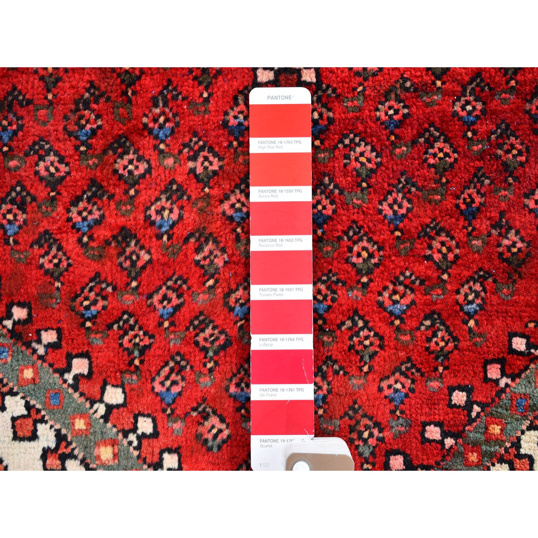 3'7"x5' Red Vintage Persian Sarouk Mir Good Condition Repetitive Design with Geometric Pure Wool Hand Knotted Oriental Rug Sh59904