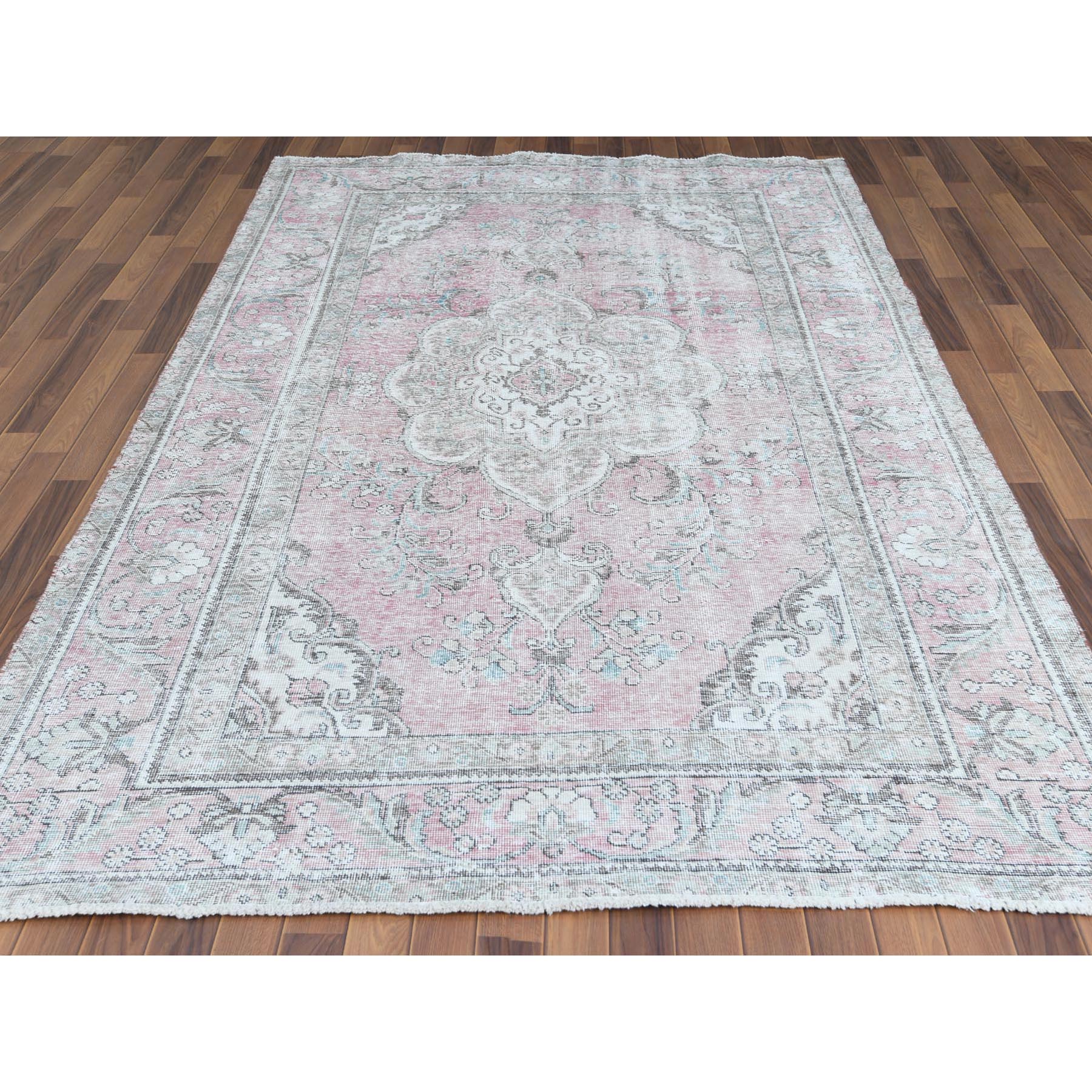 6'4"x9'6" Red Clean Natural Wool Bohemian Distressed Old Persian Tabriz Medallion Design Hand Knotted Oriental Rug
Sh60187
