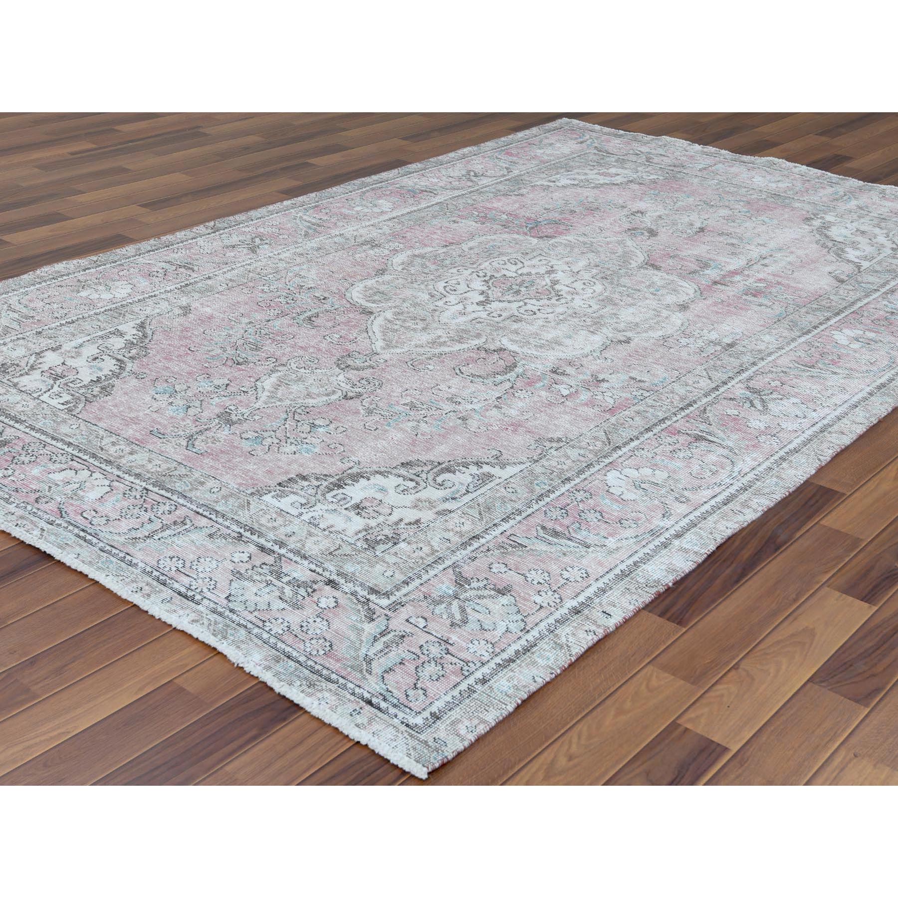 6'4"x9'6" Red Clean Natural Wool Bohemian Distressed Old Persian Tabriz Medallion Design Hand Knotted Oriental Rug
Sh60187