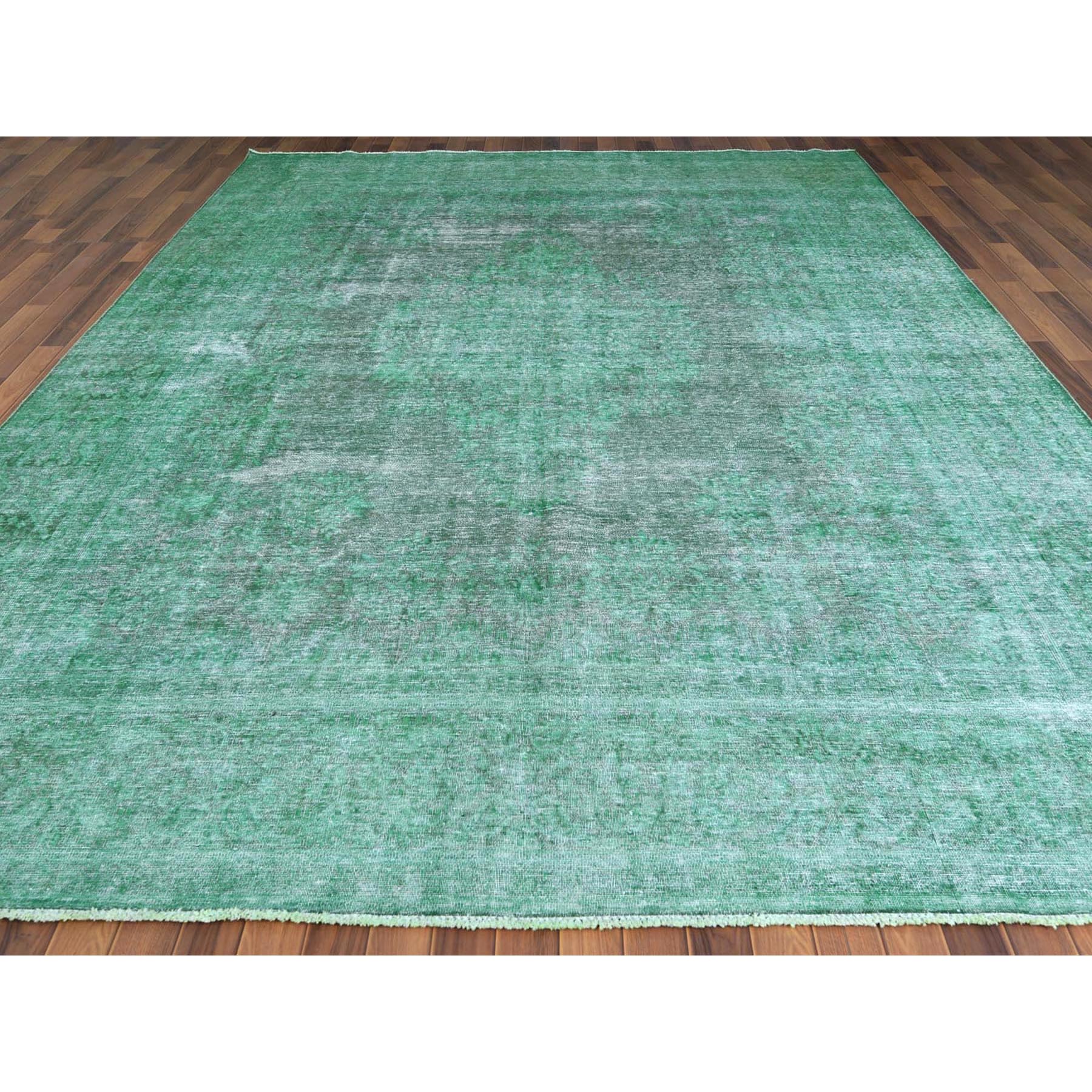 9'7"x12'5" Hand Knotted Shades of Light Green Overdyed Clean Distressed Vintage Persian Kerman Organic Wool Oriental Rug Sh60305