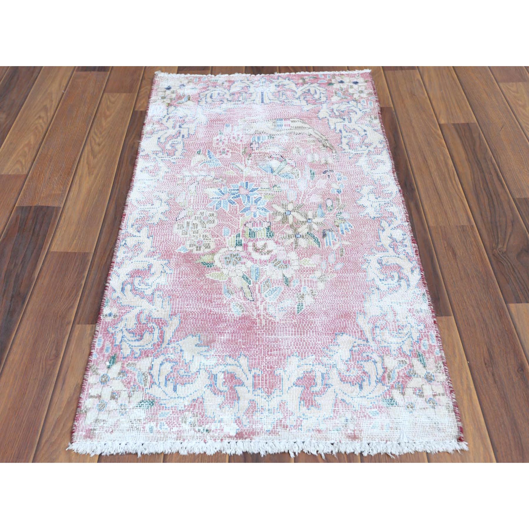 1'10'x3'4" Red Washed Out Vintage Persian Kerman With Flower Design Sheared Low Pile Clean Hand Knotted Pure Wool Oriental Rug Sh60462