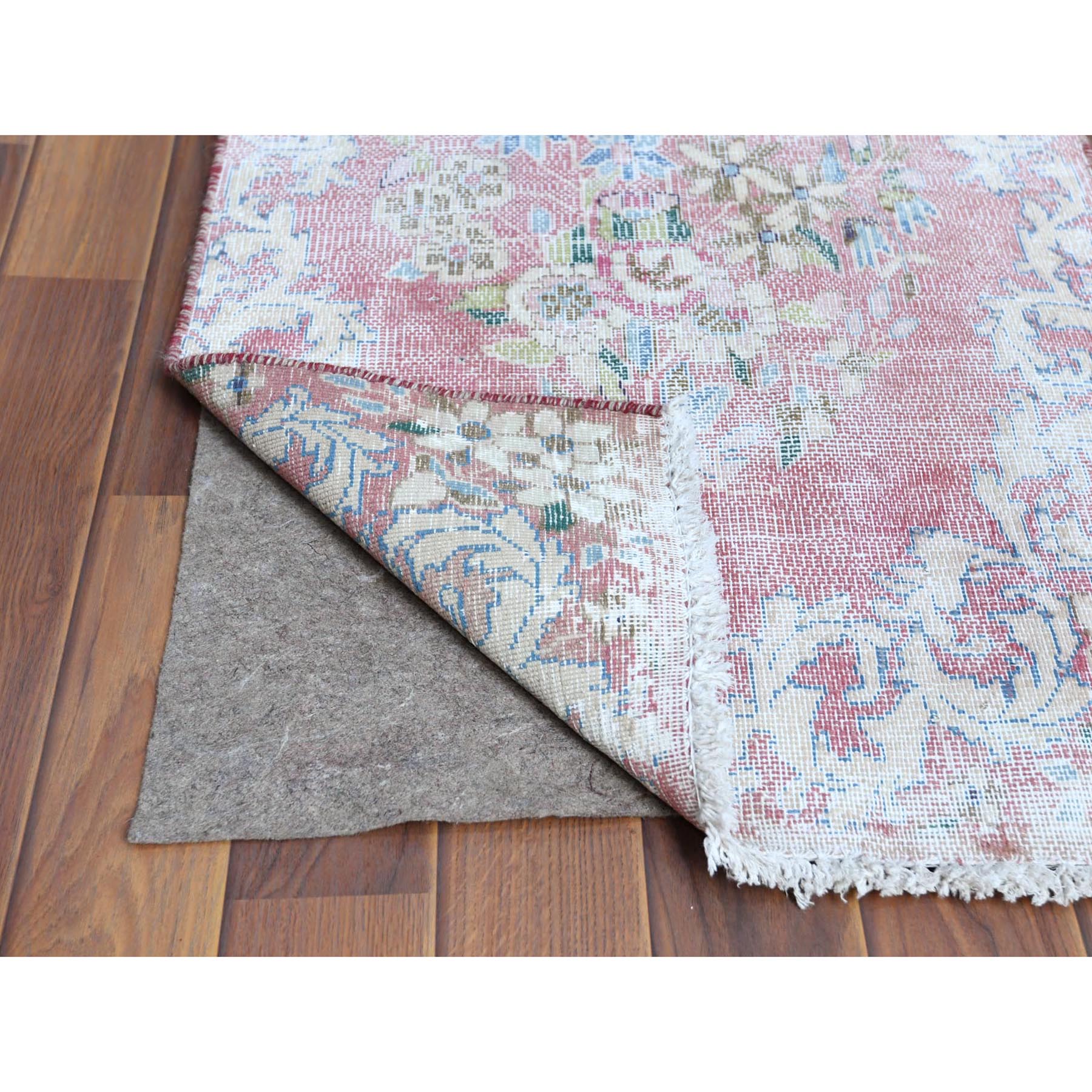 1'10'x3'4" Red Washed Out Vintage Persian Kerman With Flower Design Sheared Low Pile Clean Hand Knotted Pure Wool Oriental Rug Sh60462