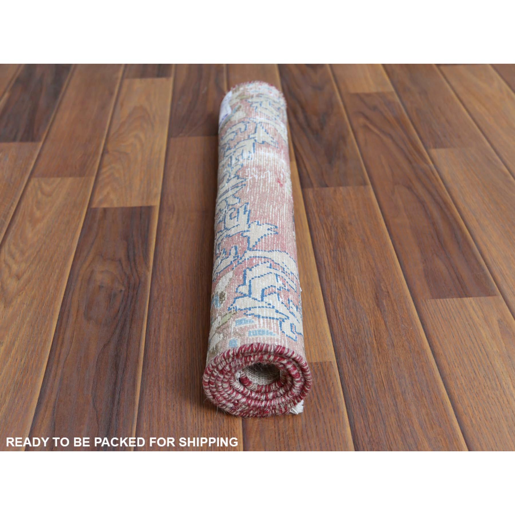 1'10'x3'4" Red Washed Out Vintage Persian Kerman With Flower Design Sheared Low Pile Clean Hand Knotted Pure Wool Oriental Rug Sh60462