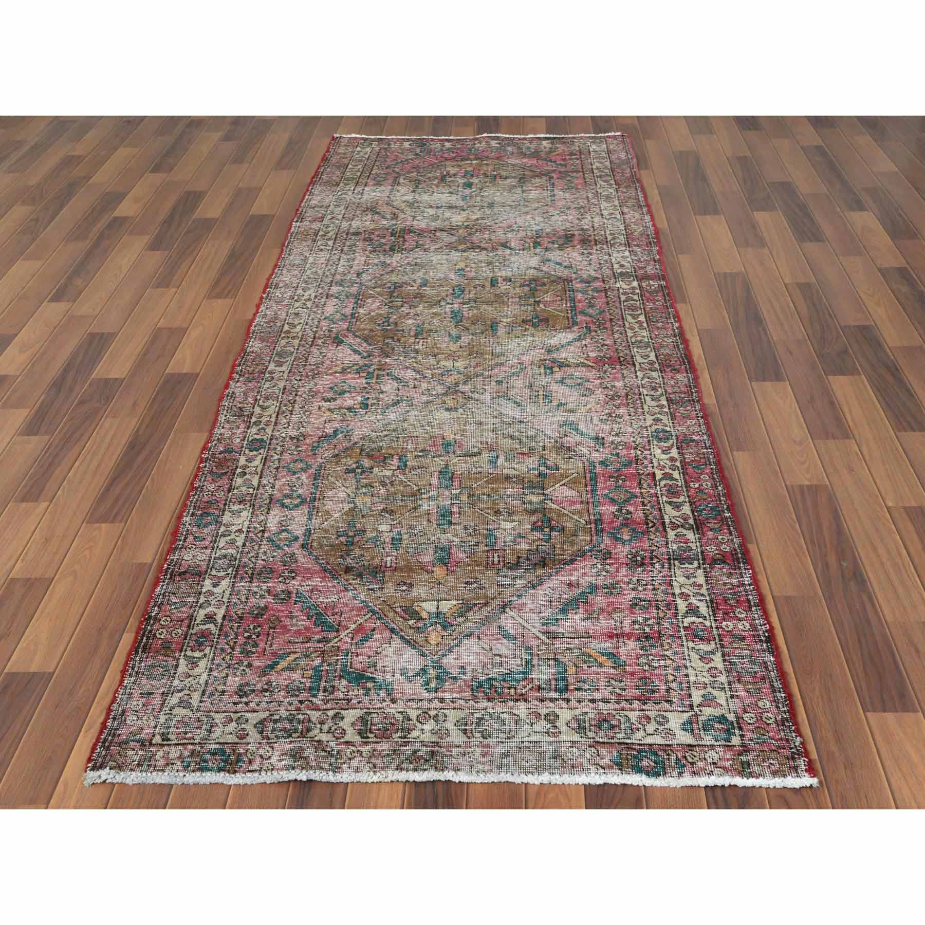 3'10"x10'3" Vintage Red Northwest Persian Worn Down Clean Hand Knotted Natural Wool Oriental Runner Rug Sh60505