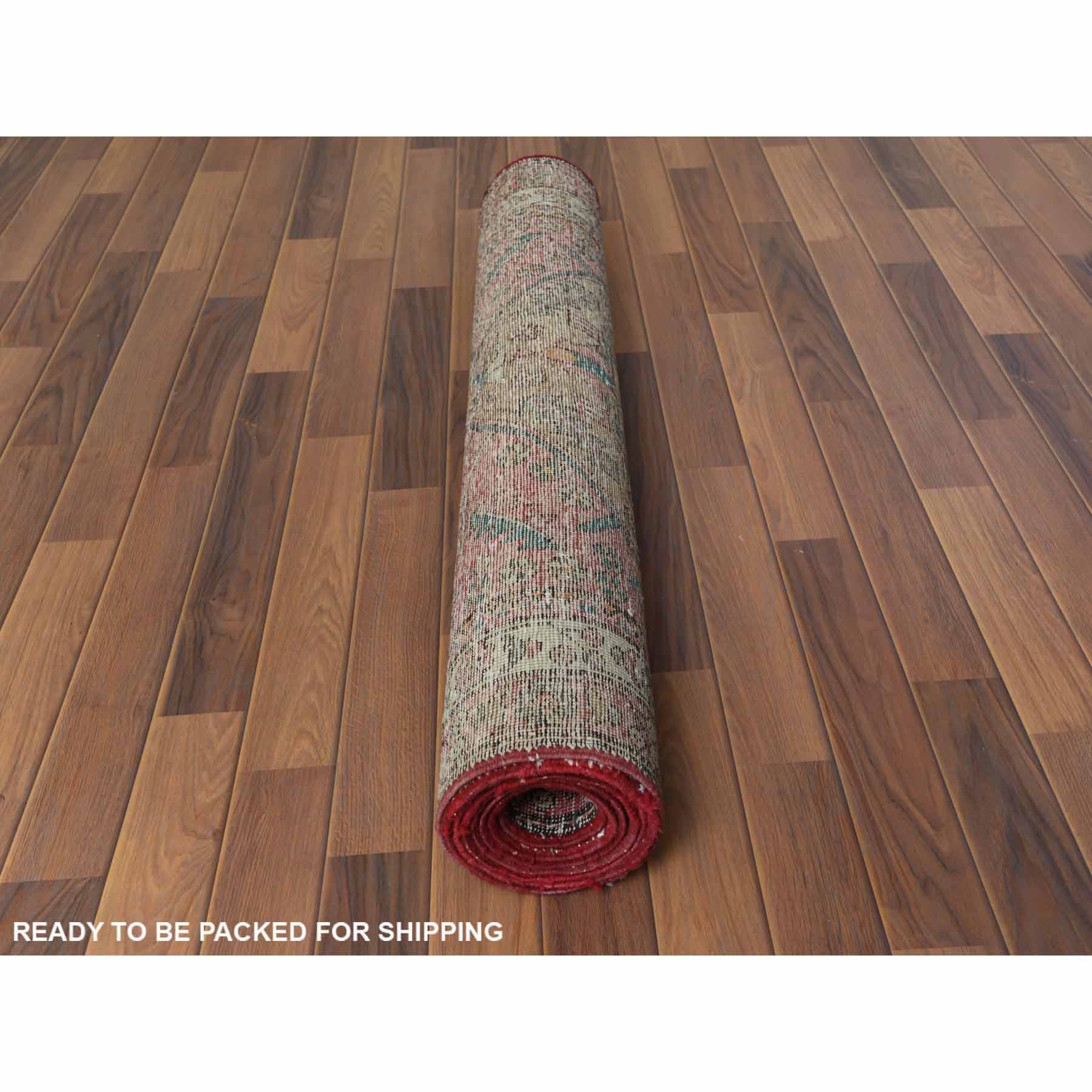 3'10"x10'3" Vintage Red Northwest Persian Worn Down Clean Hand Knotted Natural Wool Oriental Runner Rug Sh60505