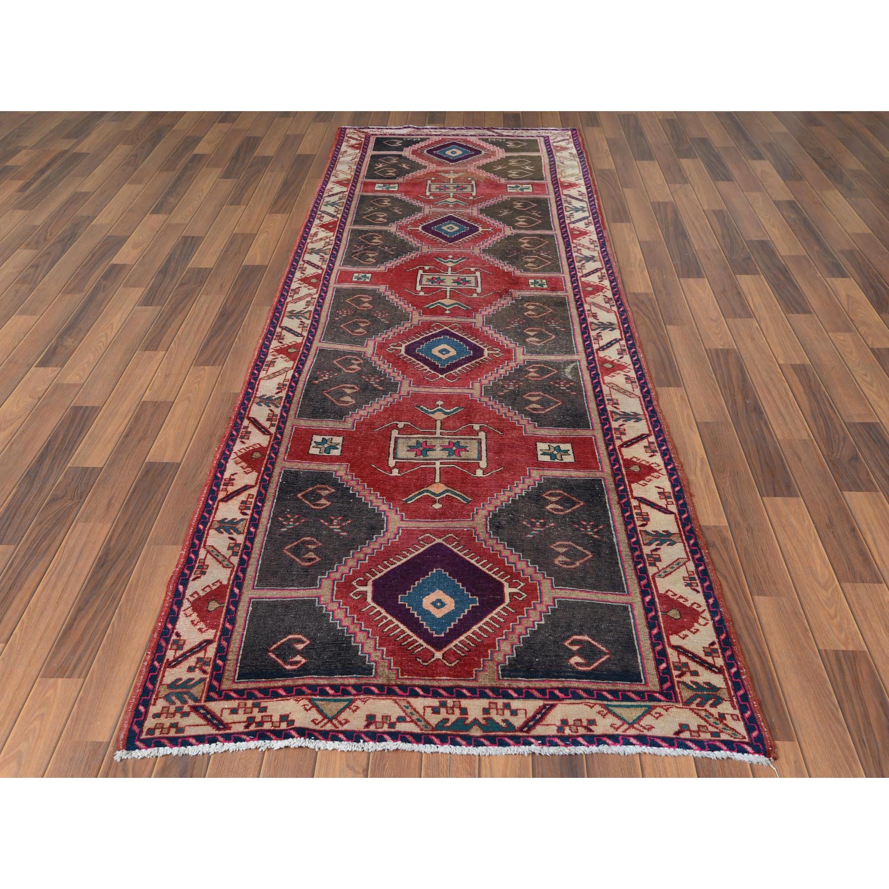 3'9"x10'9" Semi Antique Red Northwest Persian Heriz With Geometric Design Cropped Thin Pile Clean Hand Knotted Pure Wool Oriental Runner Rug Sh60510
