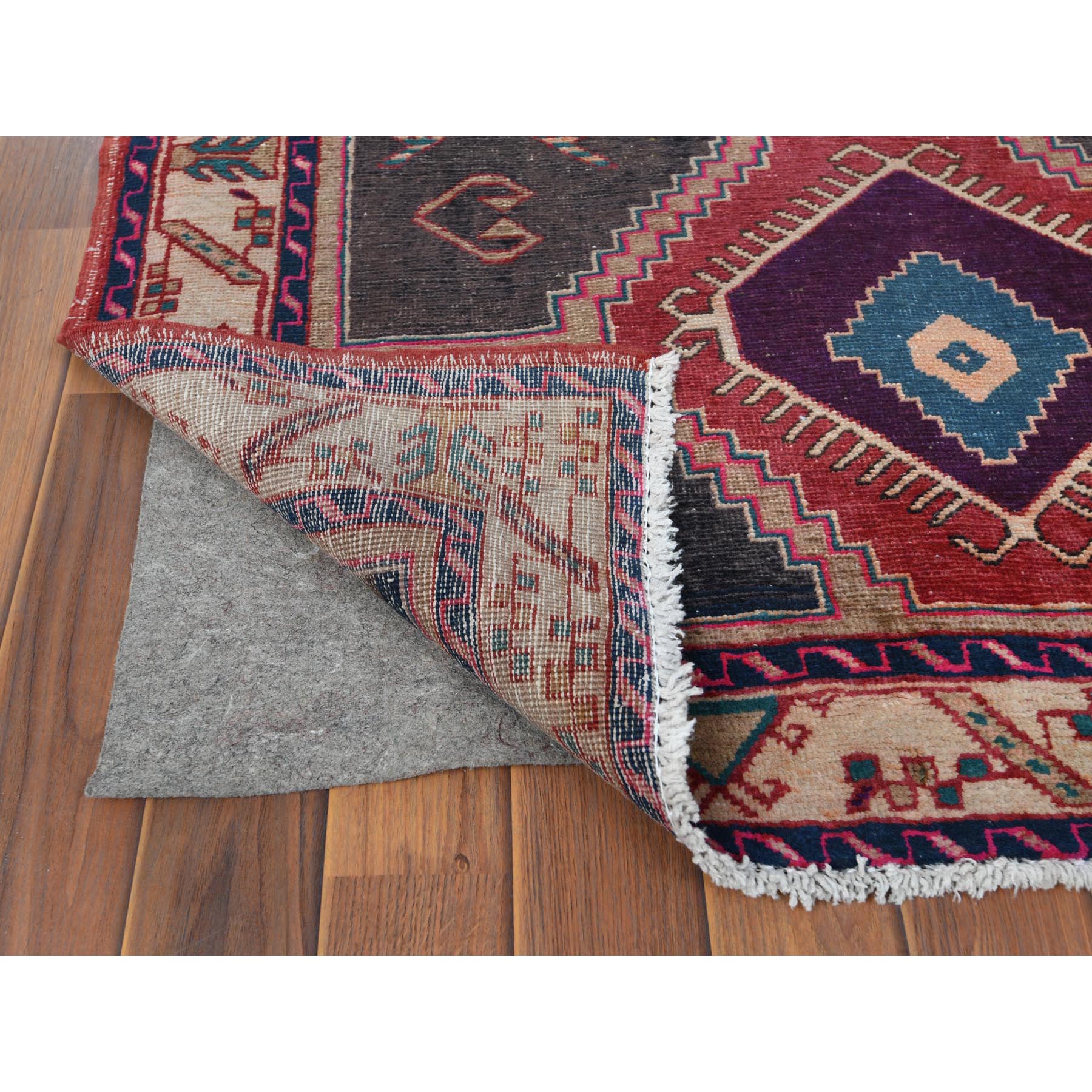 3'9"x10'9" Semi Antique Red Northwest Persian Heriz With Geometric Design Cropped Thin Pile Clean Hand Knotted Pure Wool Oriental Runner Rug Sh60510