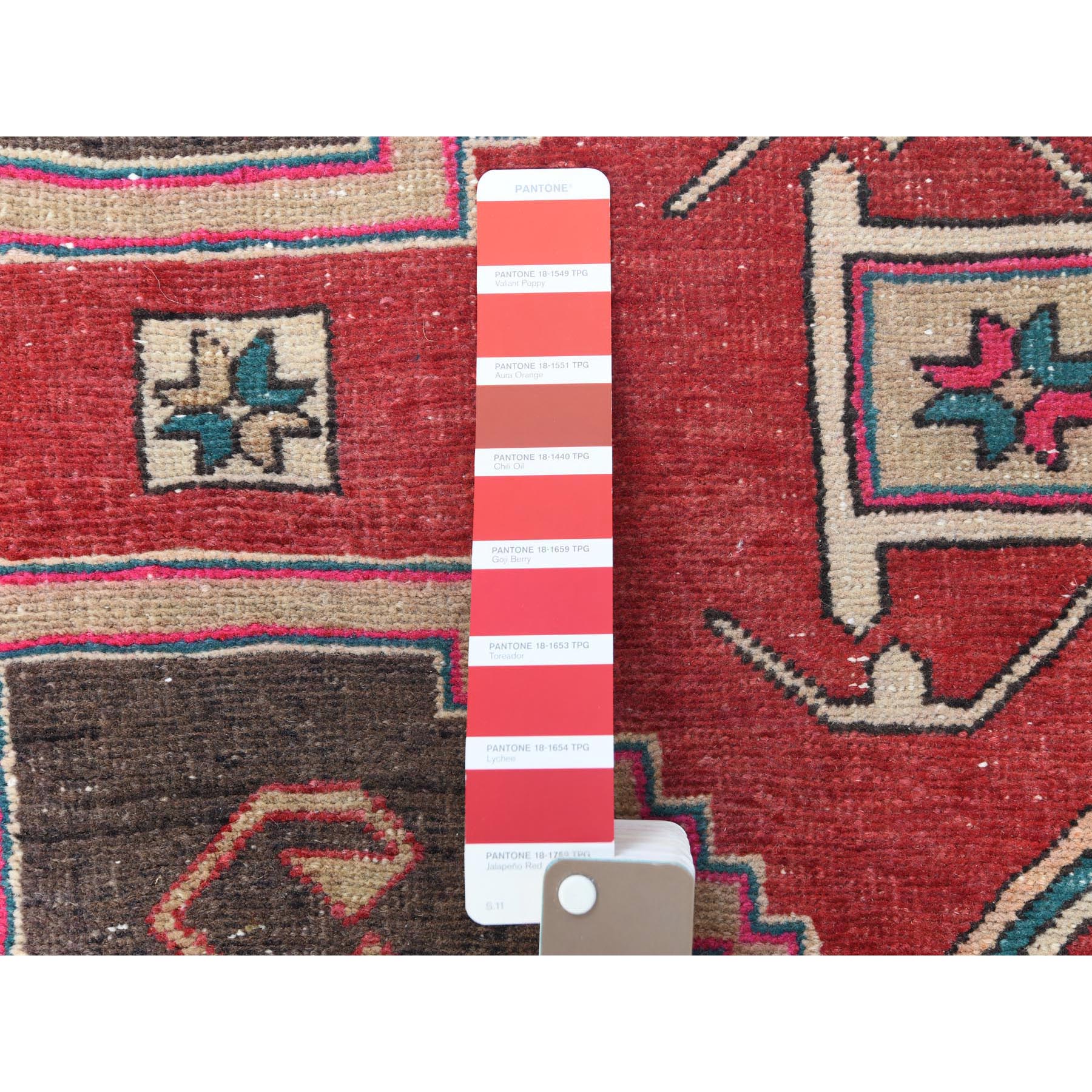 3'9"x10'9" Semi Antique Red Northwest Persian Heriz With Geometric Design Cropped Thin Pile Clean Hand Knotted Pure Wool Oriental Runner Rug Sh60510