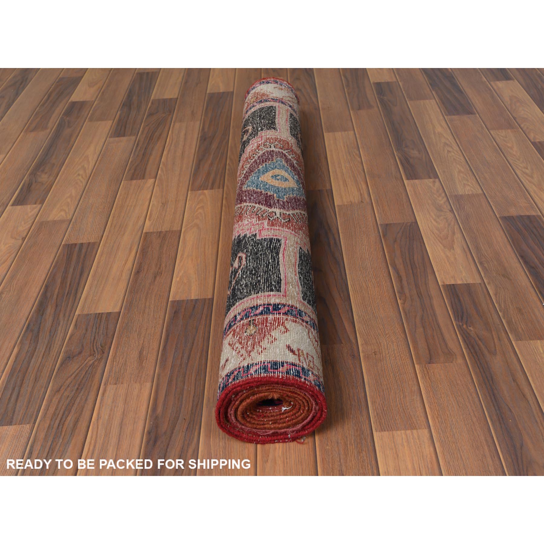 3'9"x10'9" Semi Antique Red Northwest Persian Heriz With Geometric Design Cropped Thin Pile Clean Hand Knotted Pure Wool Oriental Runner Rug Sh60510