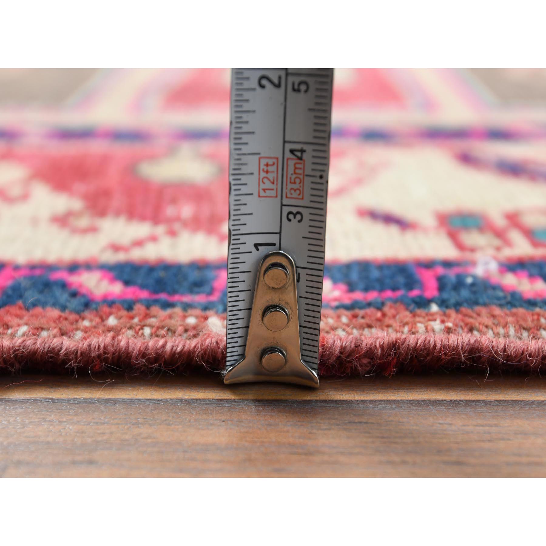 3'9"x10'9" Semi Antique Red Northwest Persian Heriz With Geometric Design Cropped Thin Pile Clean Hand Knotted Pure Wool Oriental Runner Rug Sh60510