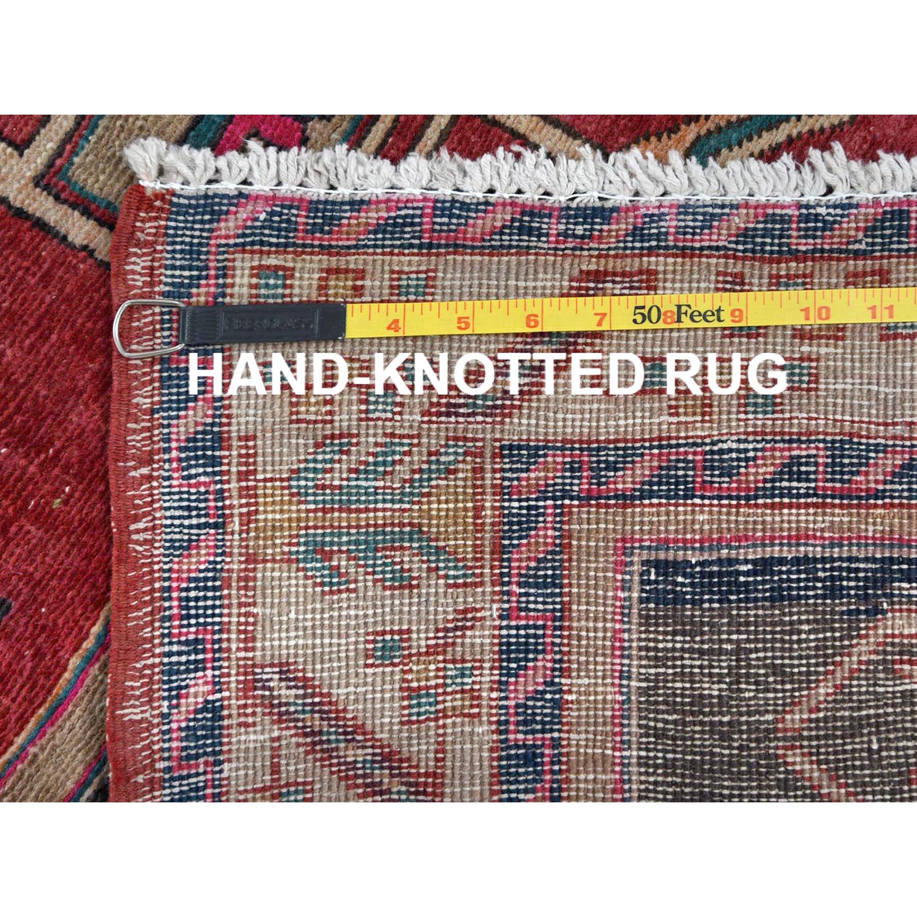3'9"x10'9" Semi Antique Red Northwest Persian Heriz With Geometric Design Cropped Thin Pile Clean Hand Knotted Pure Wool Oriental Runner Rug Sh60510
