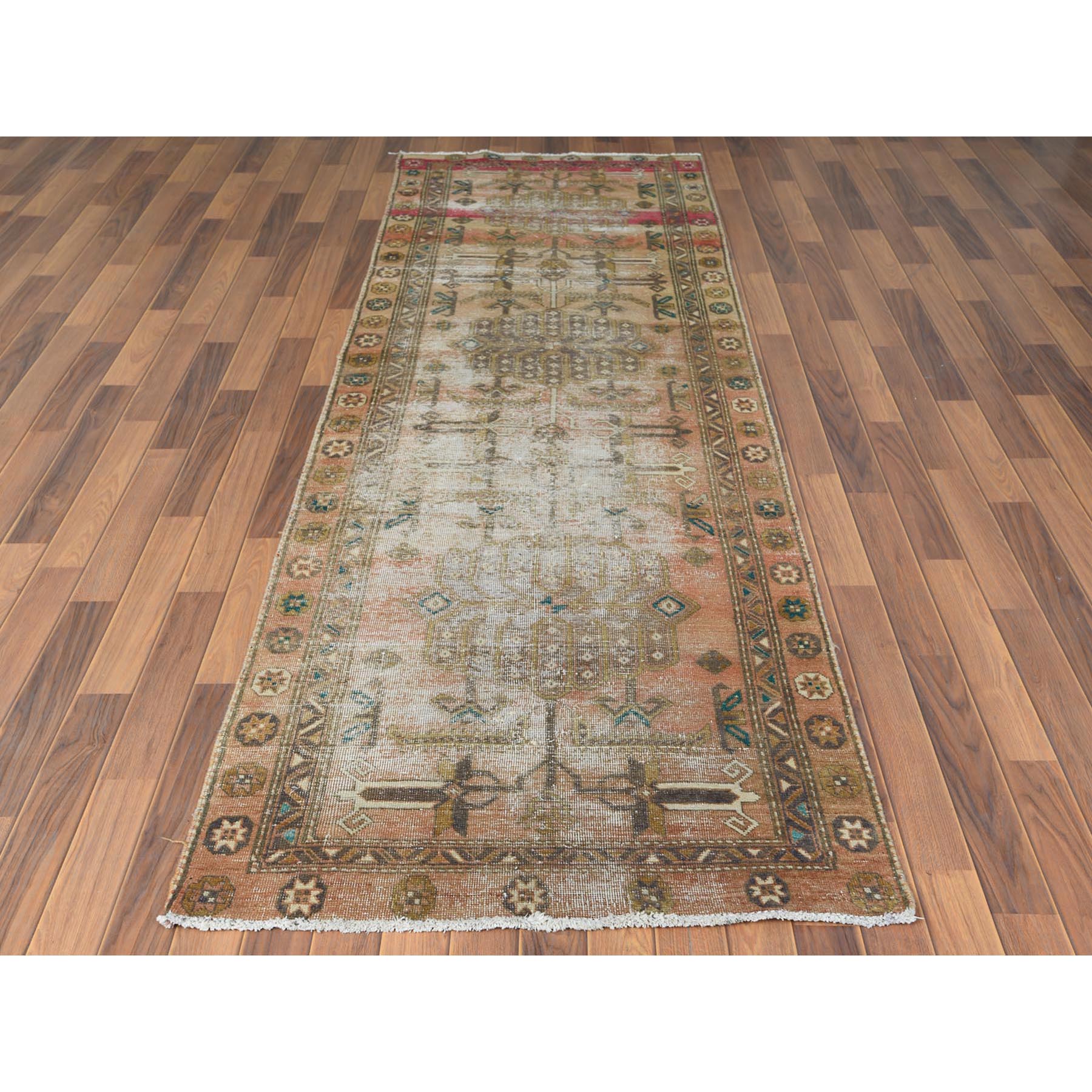 3'4"x10'8" Semi Antique Apricot And Peach Colors Persian Tabriz Abrash Worn Down Distressed Hand Knotted Organic Wool Oriental Runner Rug Sh60514