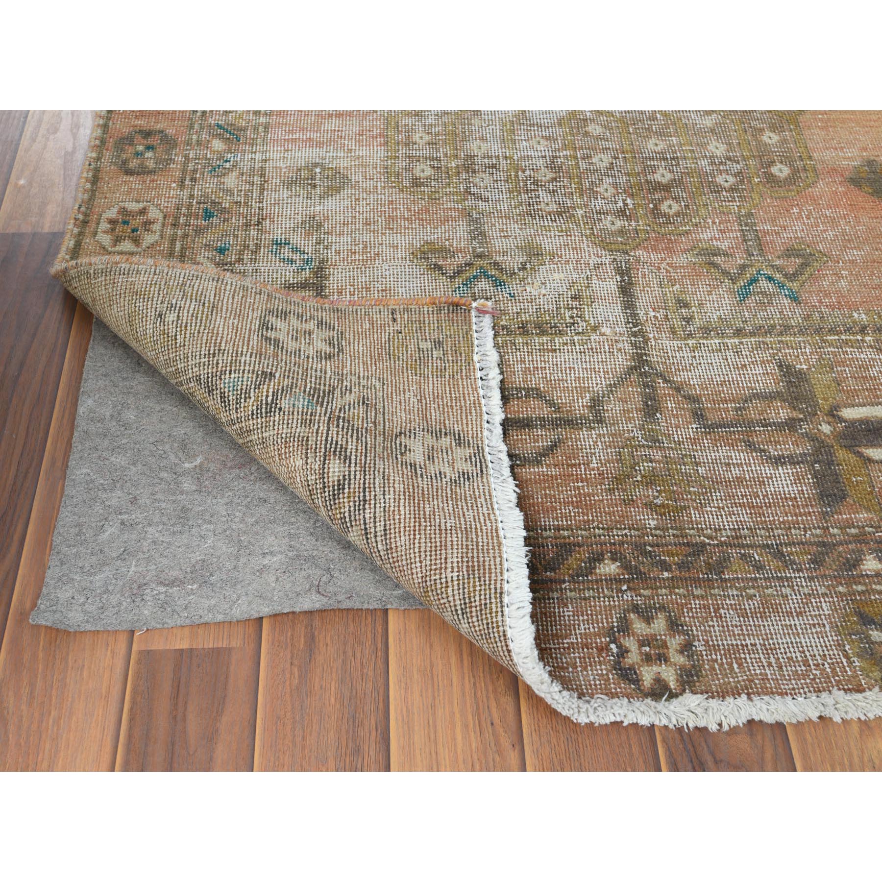 3'4"x10'8" Semi Antique Apricot And Peach Colors Persian Tabriz Abrash Worn Down Distressed Hand Knotted Organic Wool Oriental Runner Rug Sh60514