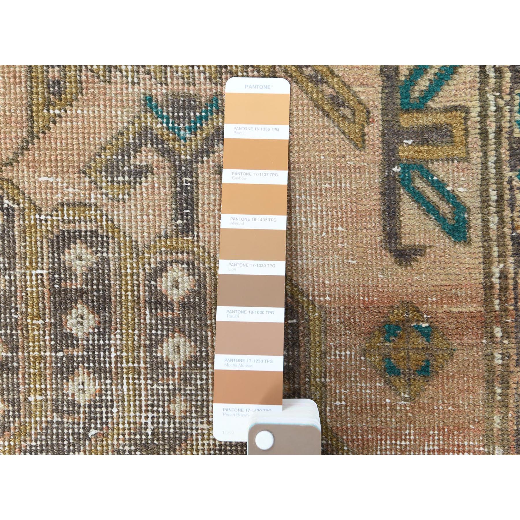 3'4"x10'8" Semi Antique Apricot And Peach Colors Persian Tabriz Abrash Worn Down Distressed Hand Knotted Organic Wool Oriental Runner Rug Sh60514
